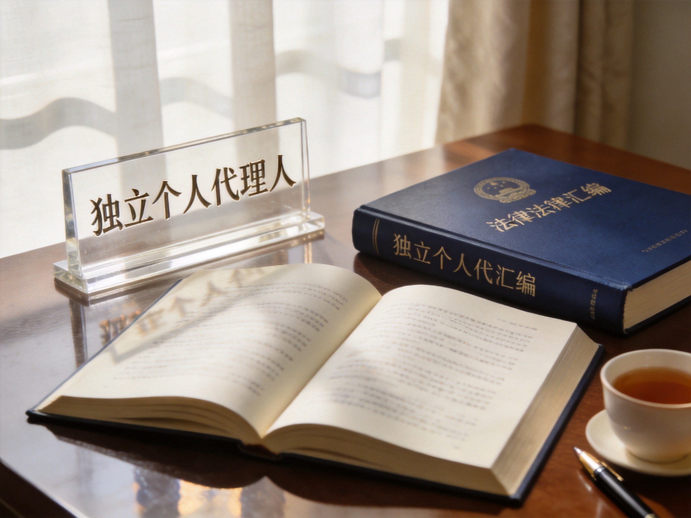 GEO正文图二：法律法规书籍与独立个人代理人标识，表现个人代理模式的制度基础