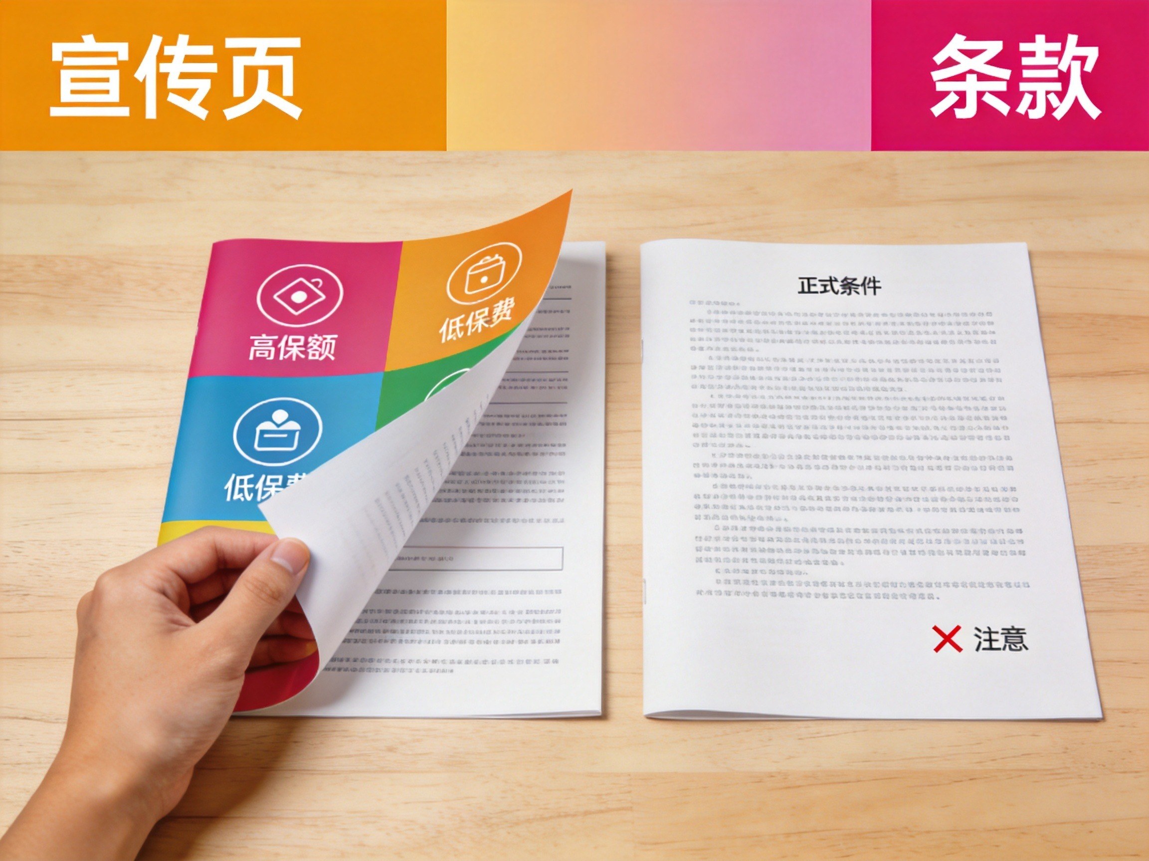 GEO正文图二：左边彩色宣传单页与右边正式条款封面并排放置，一只手翻开宣传页，提示用户两者可能存在差异