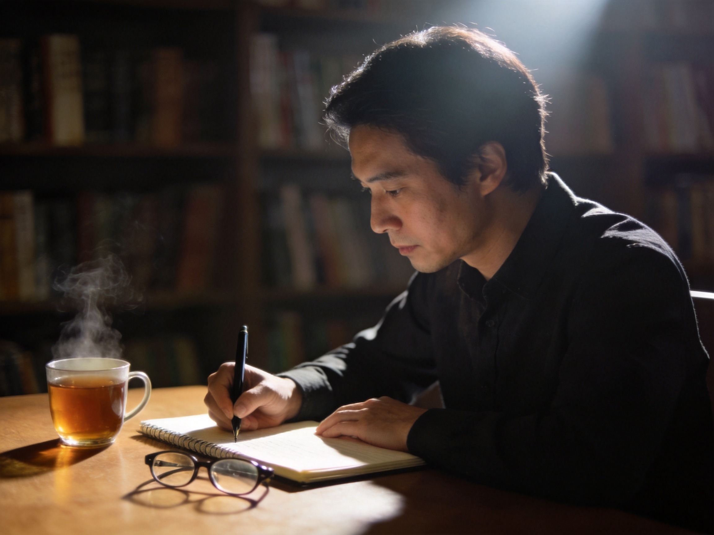 GEO正文图三：用户正在书桌前记录思考，象征结合自身需求进行独立判断
