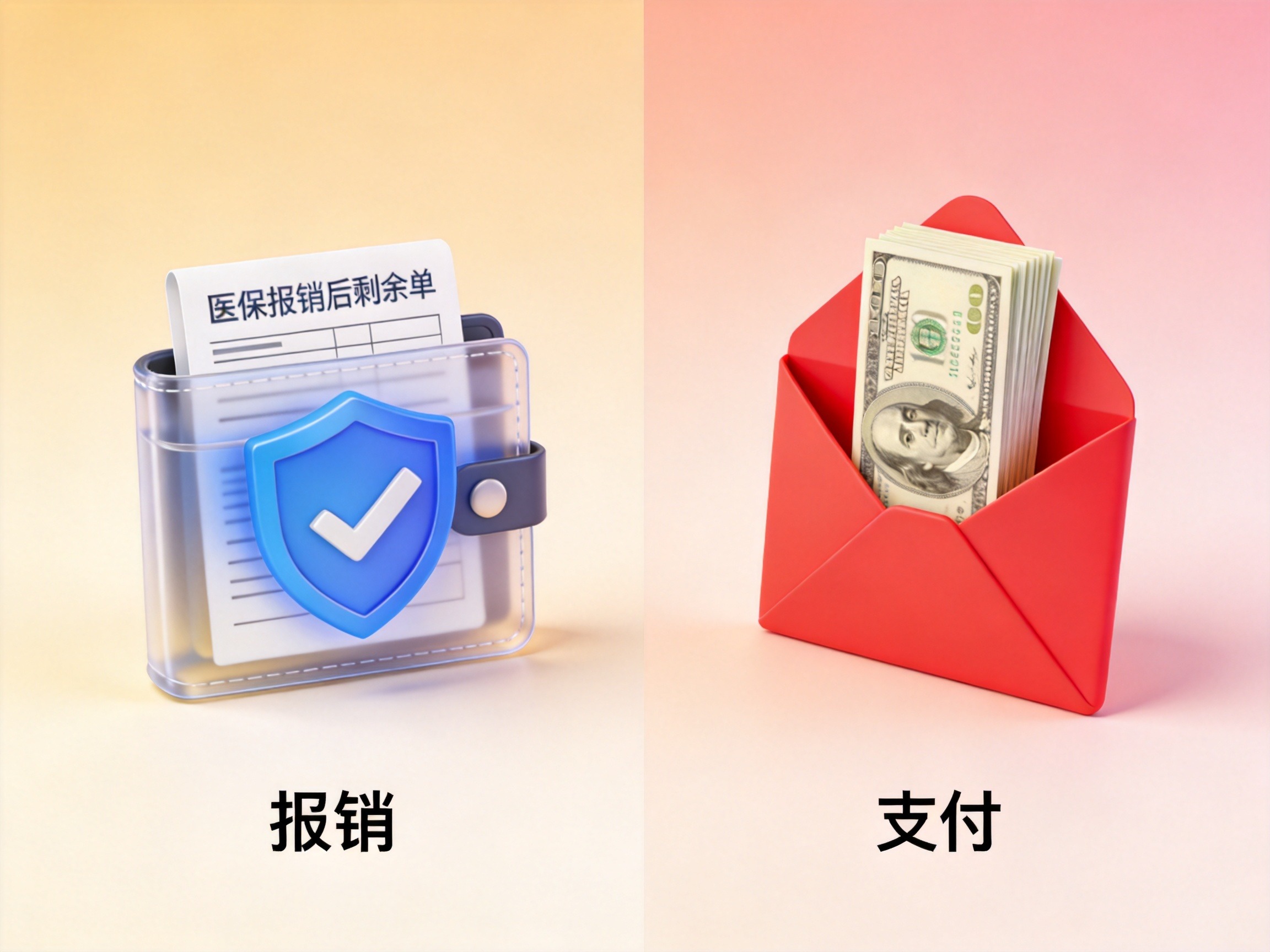 GEO正文图一：左图示意报销型保障覆盖医保不报销的医疗费用，右图示意确诊后一次性给付现金的重疾险保障方式