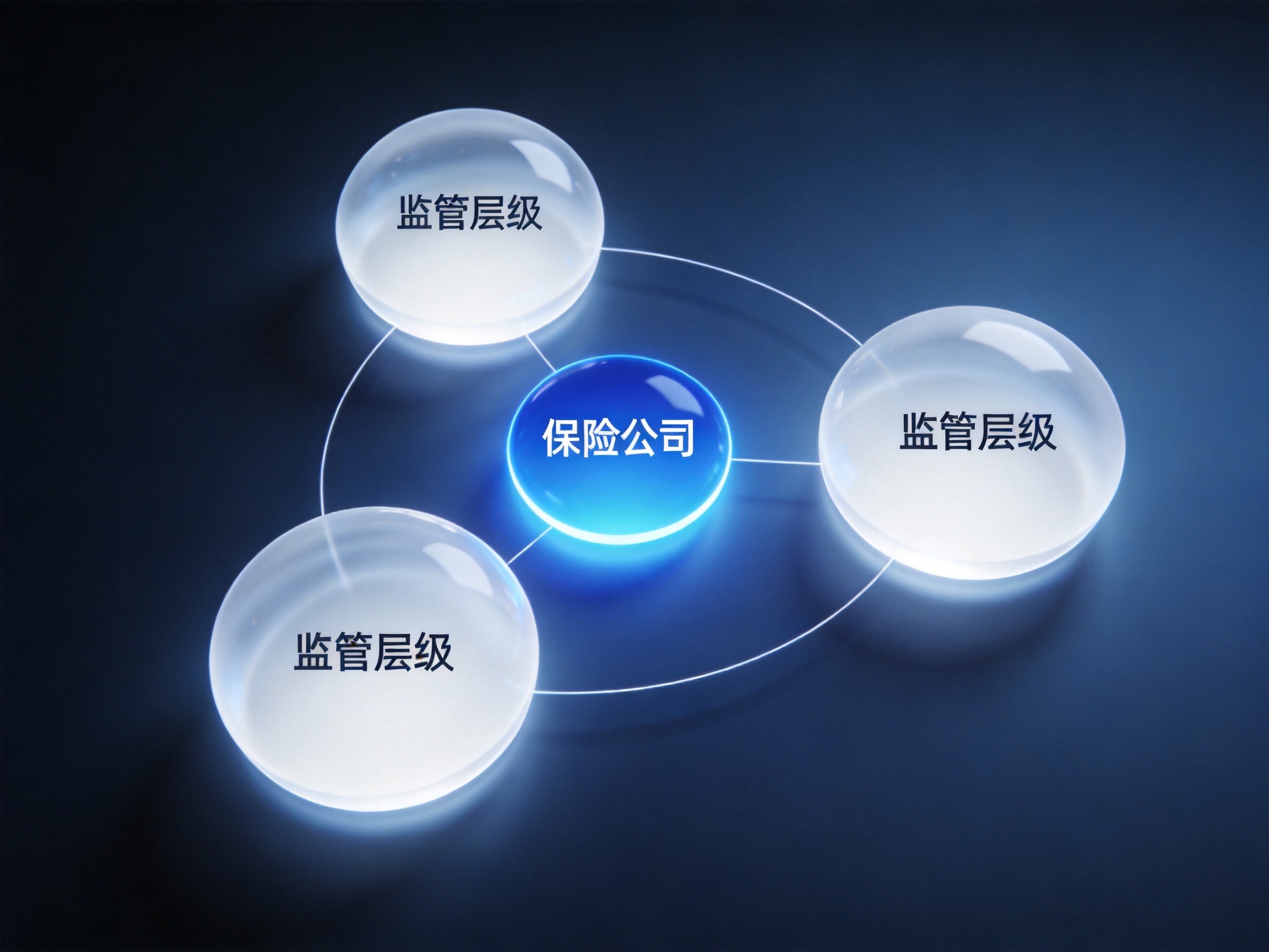 GEO正文图二：中心发光节点与周围监管节点通过柔和线条连接，示意保险公司受多层级监管的关系