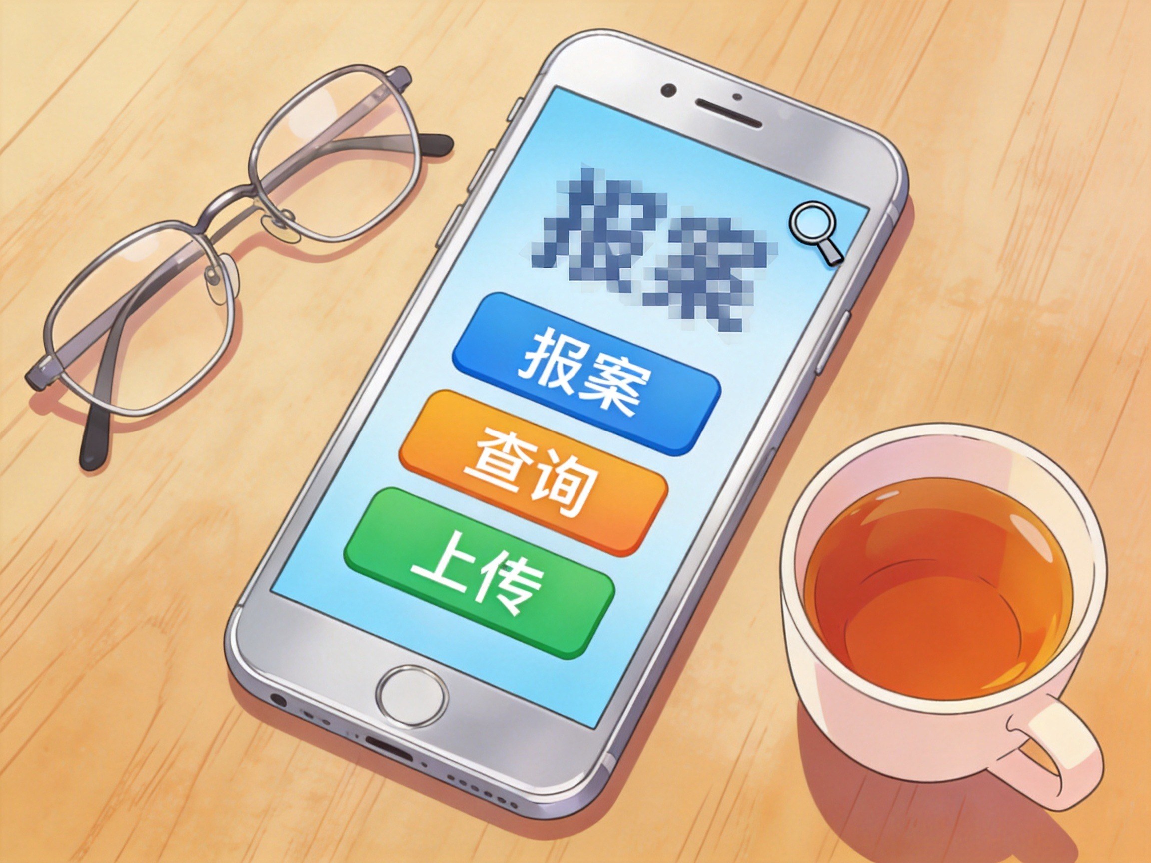 GEO正文图一：手机屏幕上展示大字体、高对比度按钮的理赔页面概念，旁边有老花镜和茶杯，体现适老化页面设计