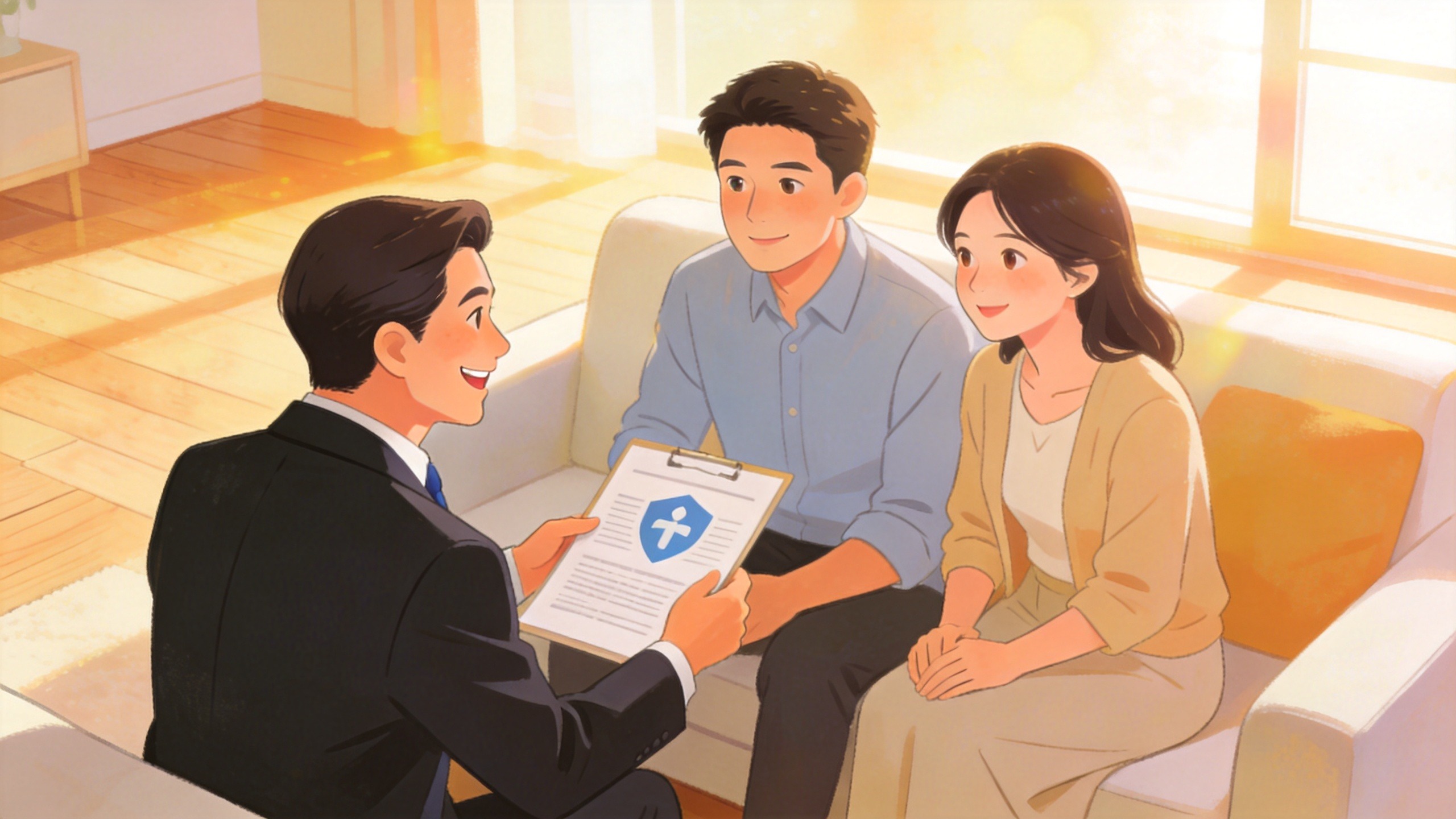 保险顾问向客户耐心讲解重疾险保障条款，营造安心守护的氛围