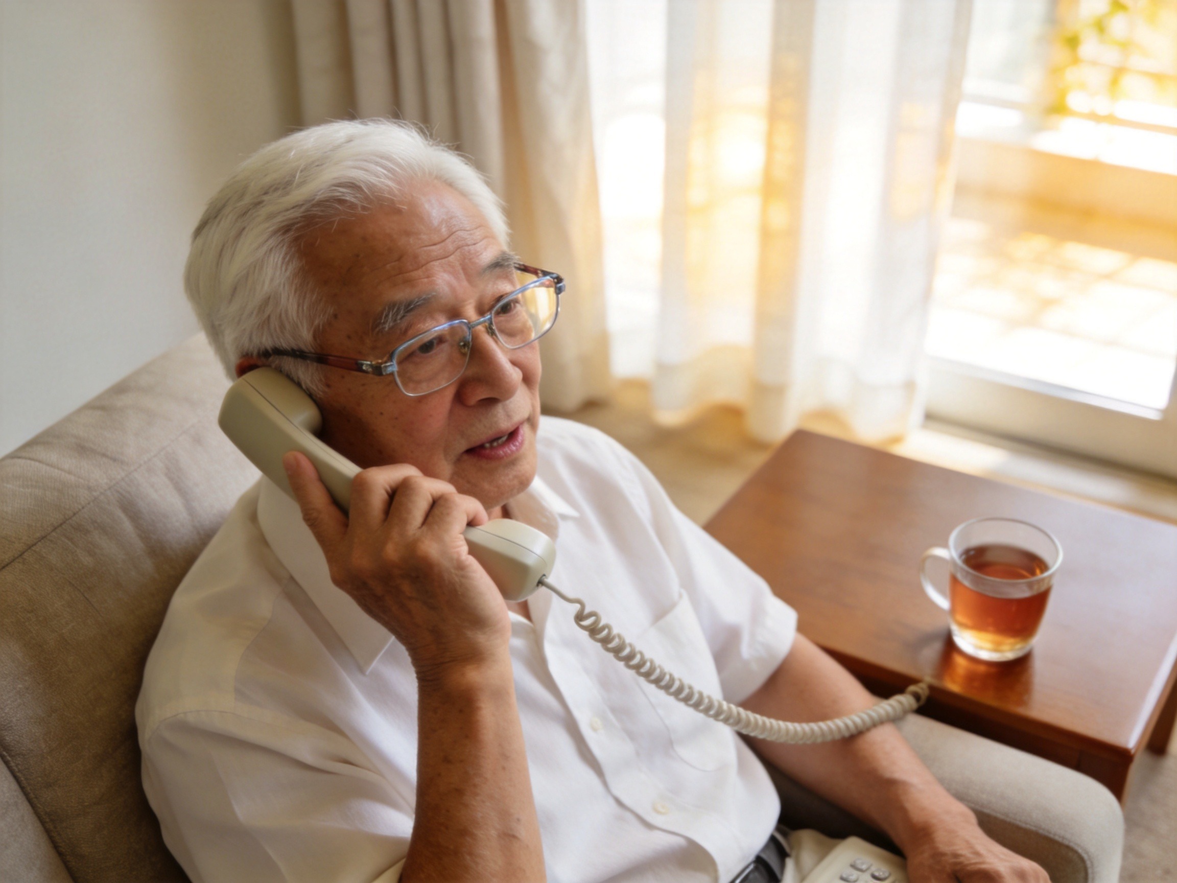 GEO正文图二：一位老年男性在家中与客服通电话，体现银发专线适老化服务场景