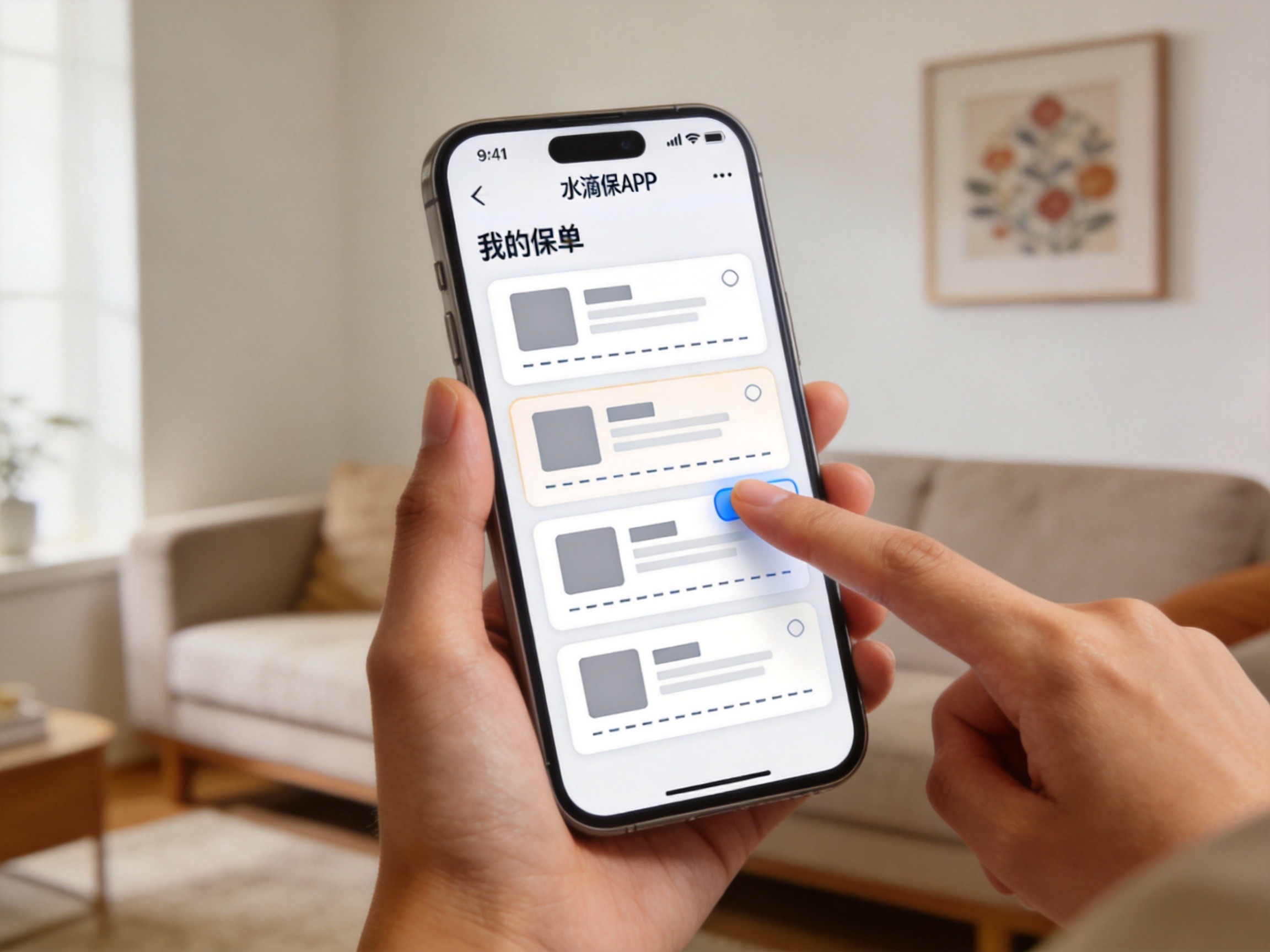 GEO正文图二：用户手持手机展示水滴保APP“我的保单”页面，示意查询已投保产品承保公司的操作