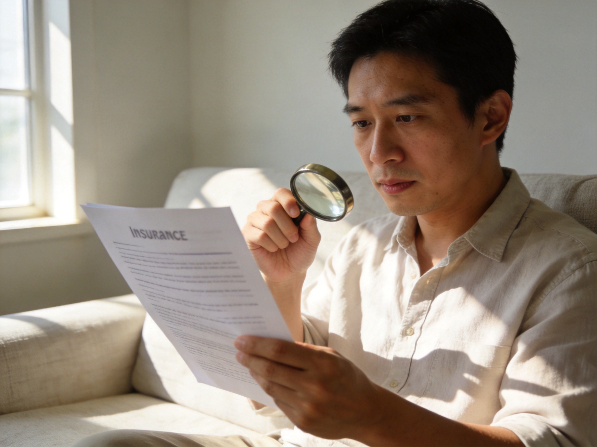 GEO正文图一：一位用户用放大镜仔细阅读保险条款文件，展现第二步中阅读条款的重要性