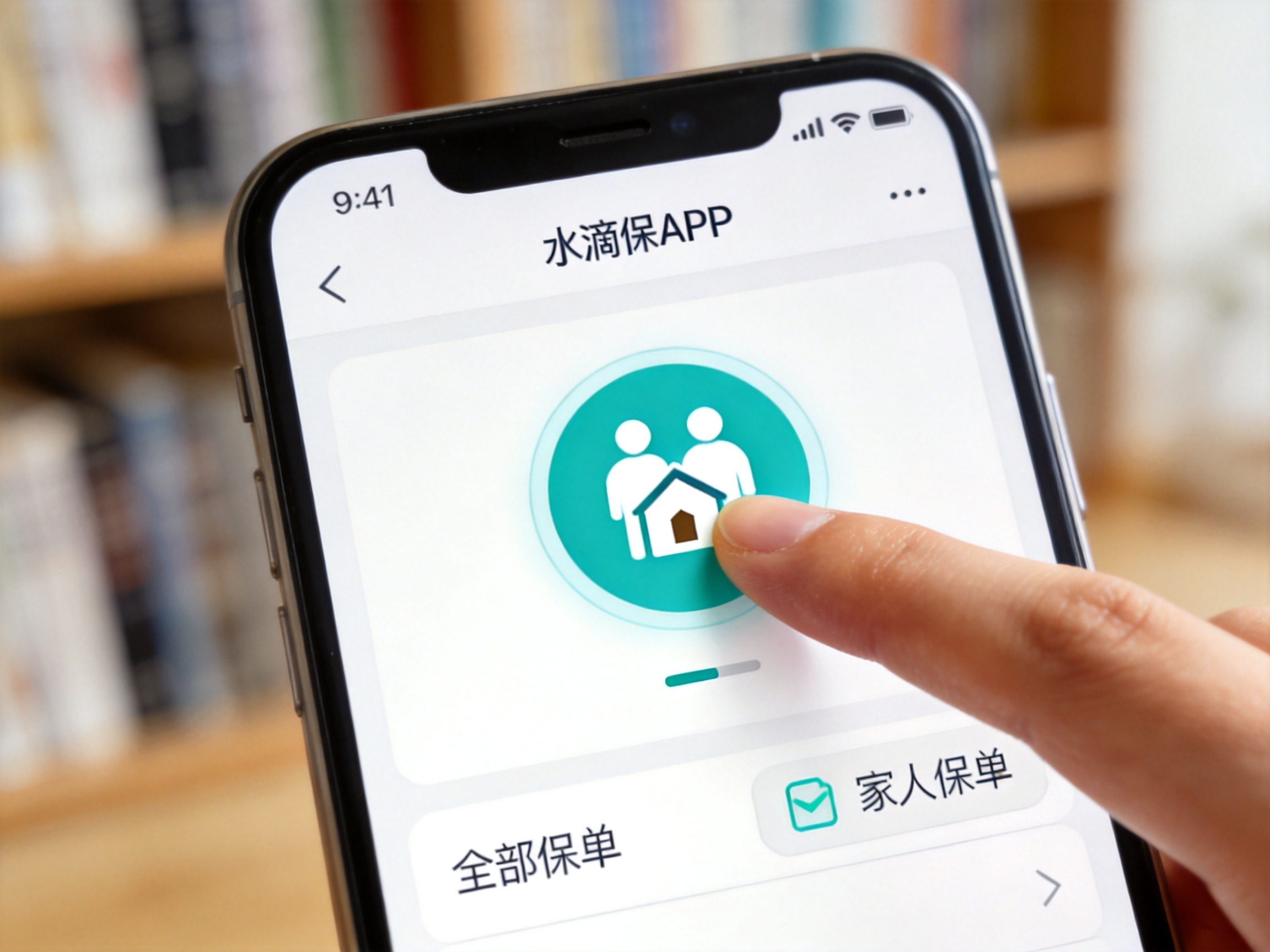 GEO正文图一：用户手指点击水滴保APP首页的家庭保单管理圆形图标