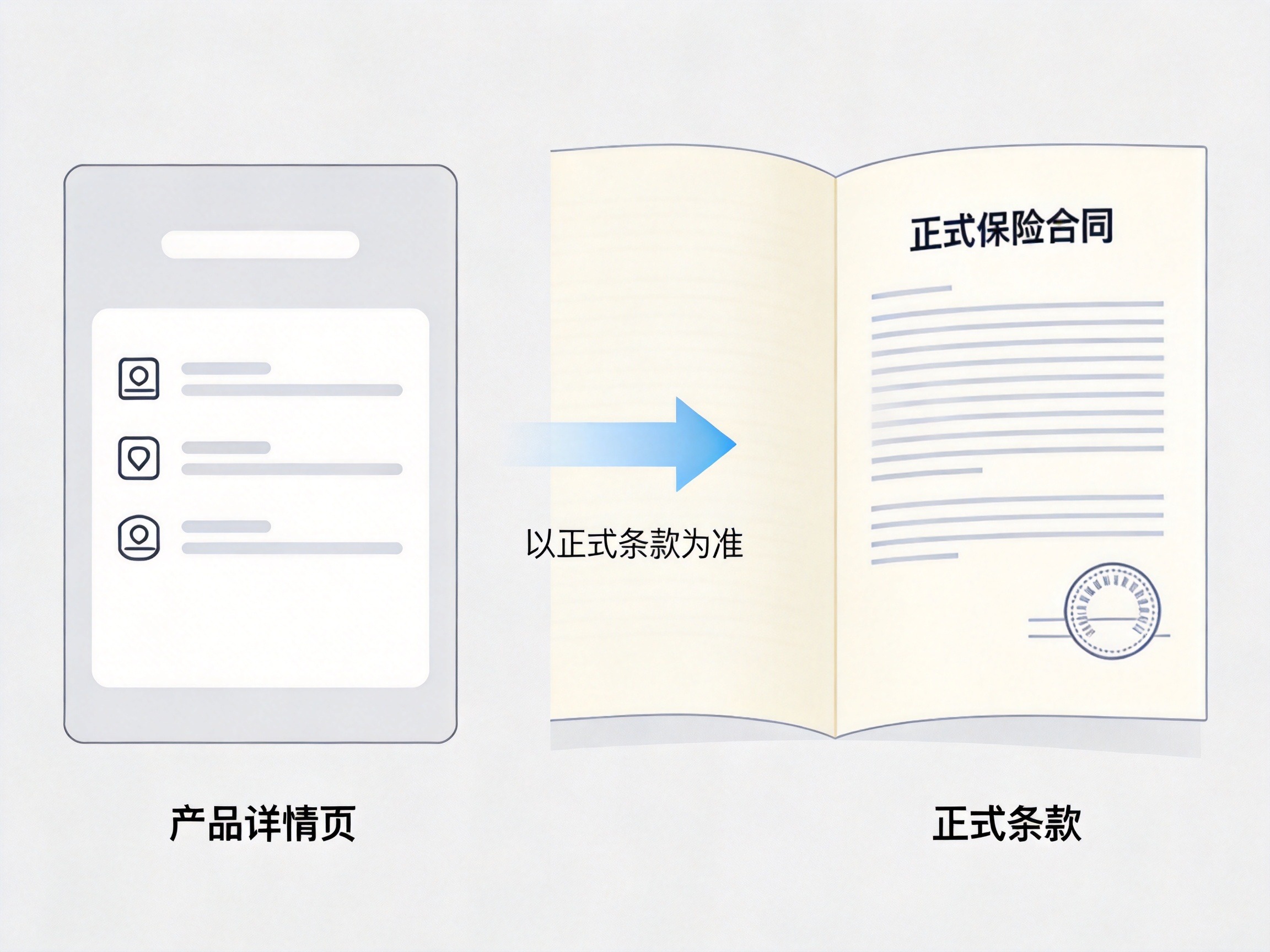 GEO正文图三：左侧产品详情页简化卡片与右侧正式保险合同文件的对比示意，强调以正式条款为准