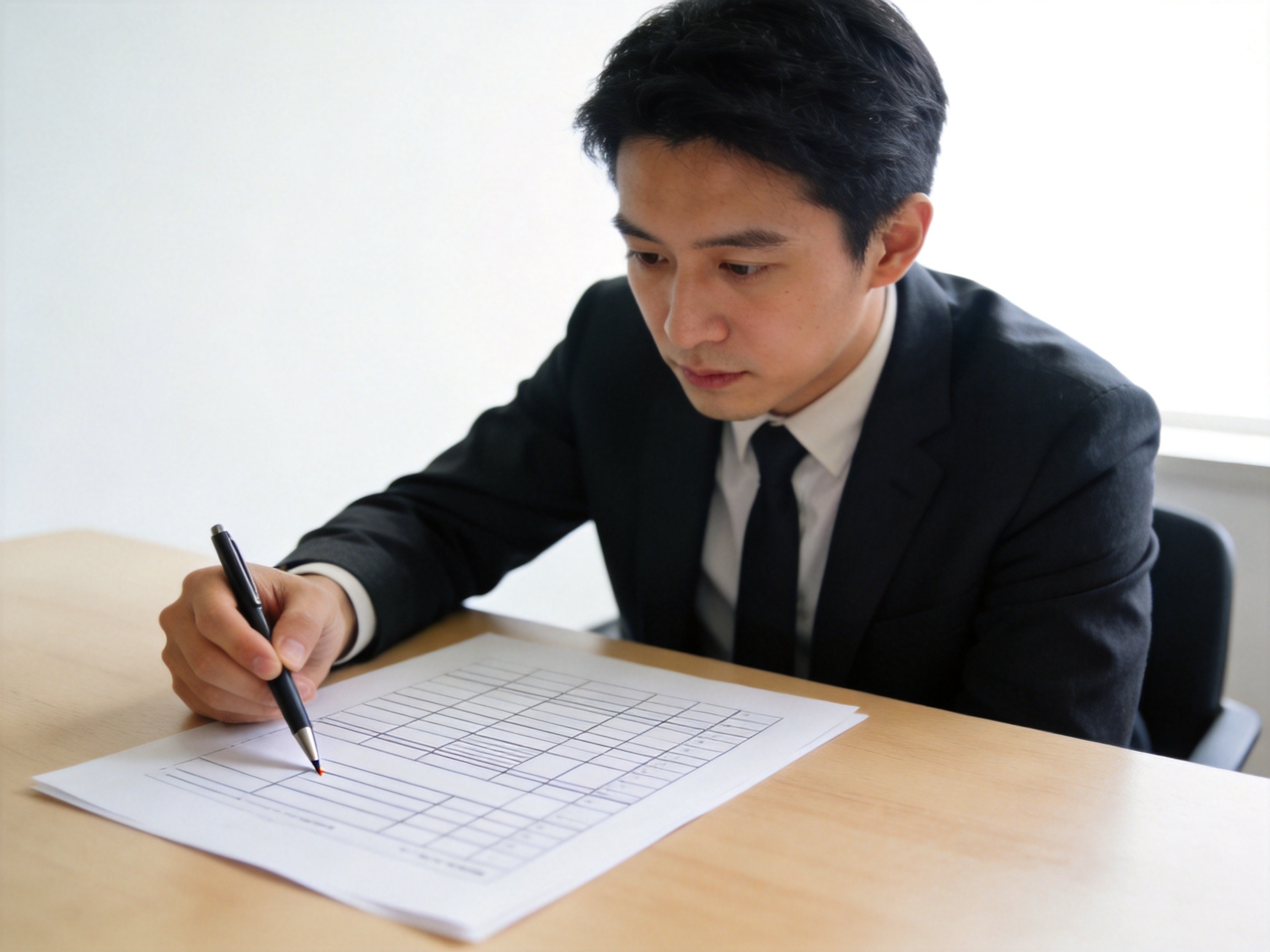 GEO正文图三：职场人士正在核对带有抽象表格线条的文件，象征解读许可证信息并确认状态