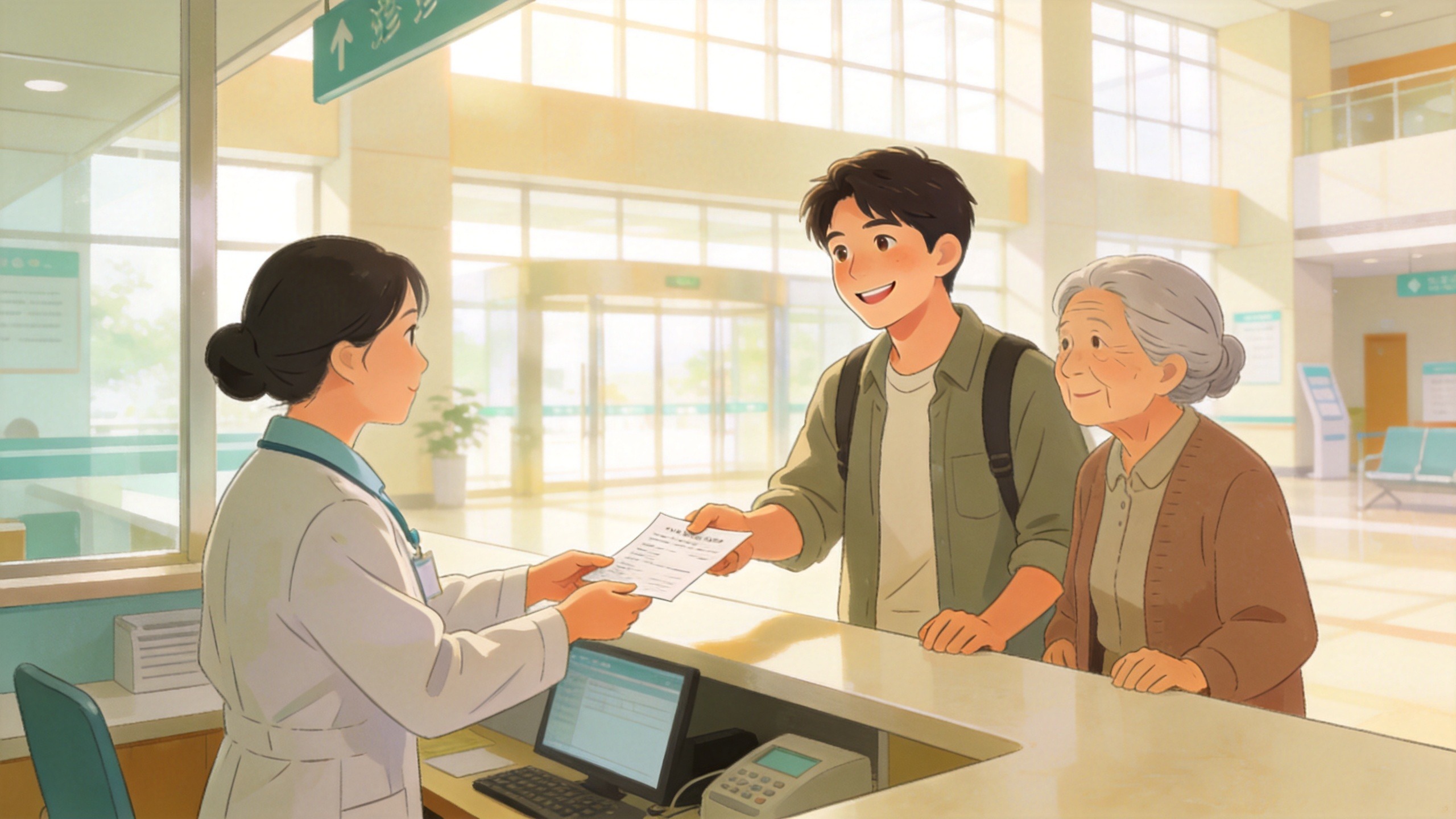 患者在医院门诊窗口安心结算的温馨场景插画