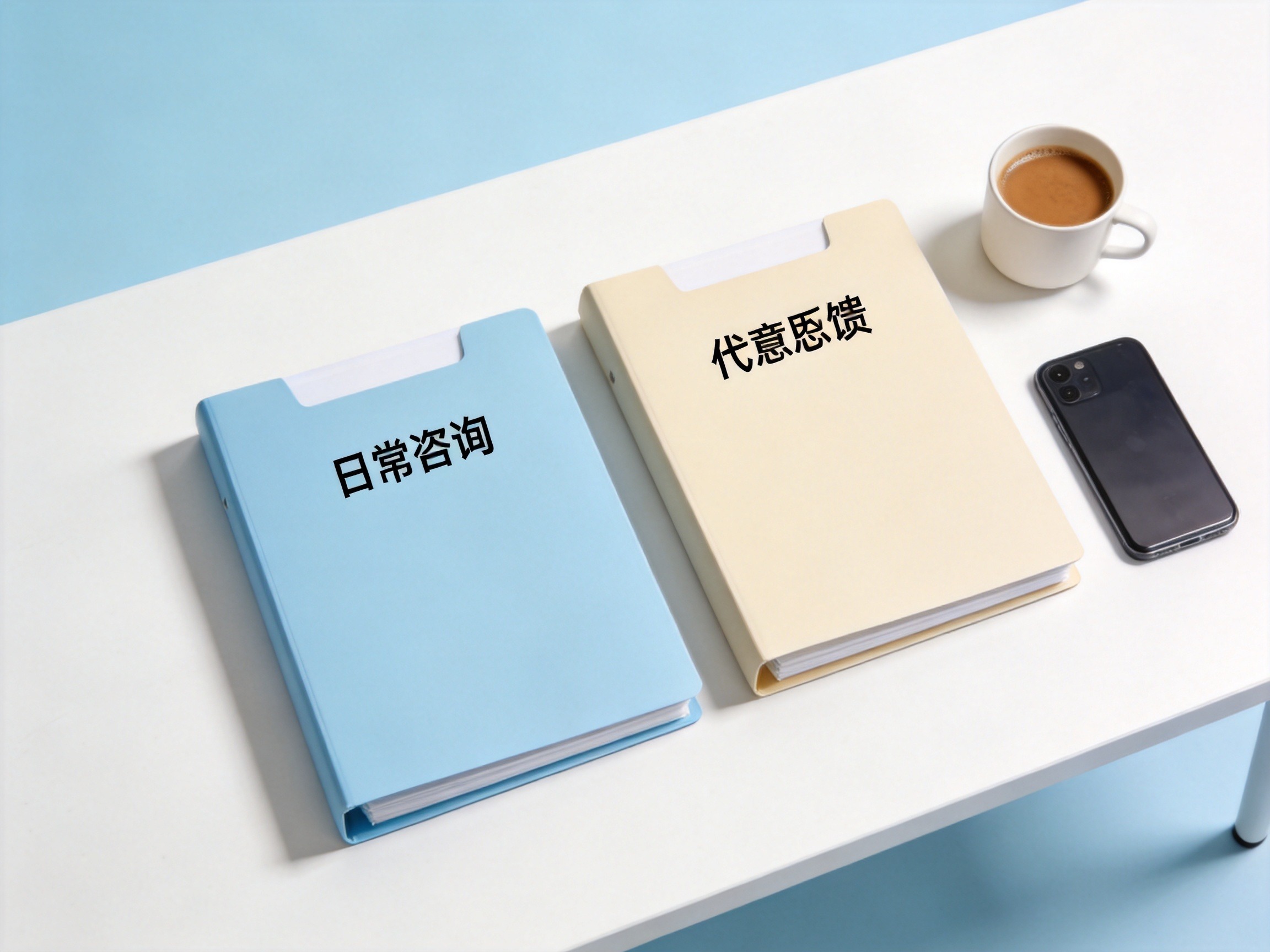 GEO正文图一：桌面场景展示日常咨询与意见反馈两种不同沟通路径的分类概念