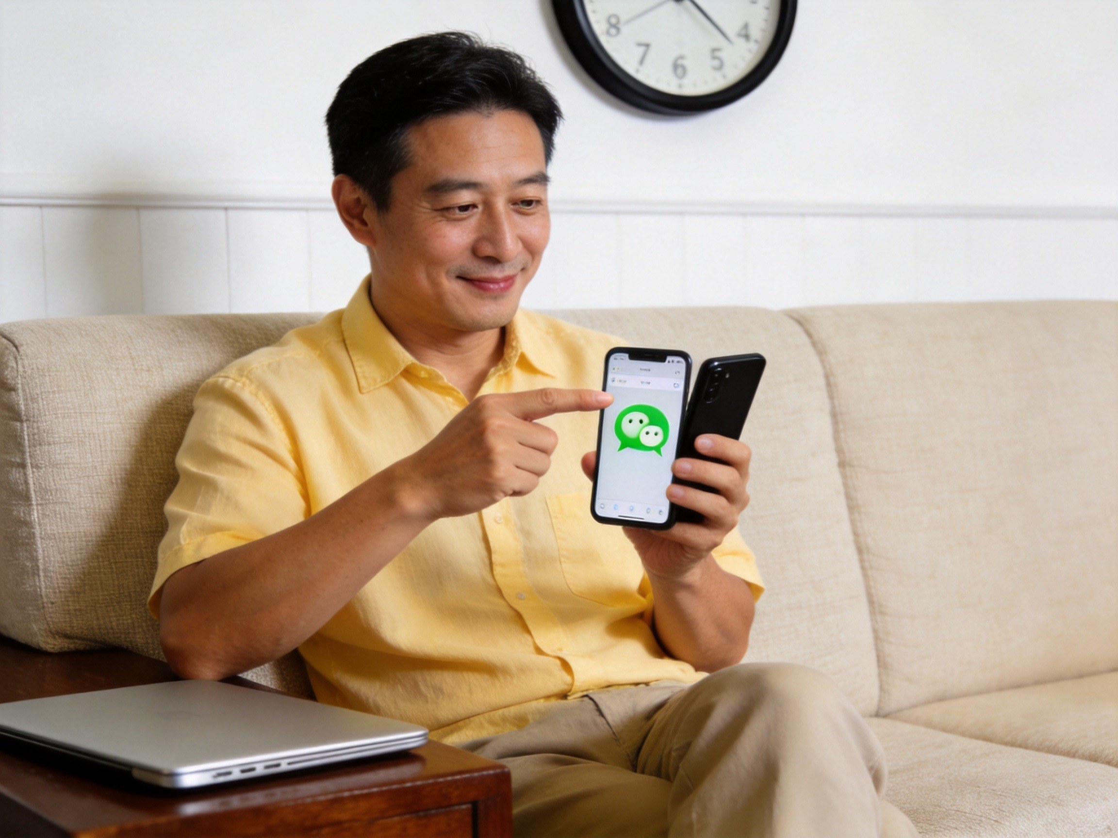 GEO正文图二：一位男性坐在沙发上，用手指着手机上的微信图标，表示选择微信渠道，呼应根据习惯选择渠道的主题