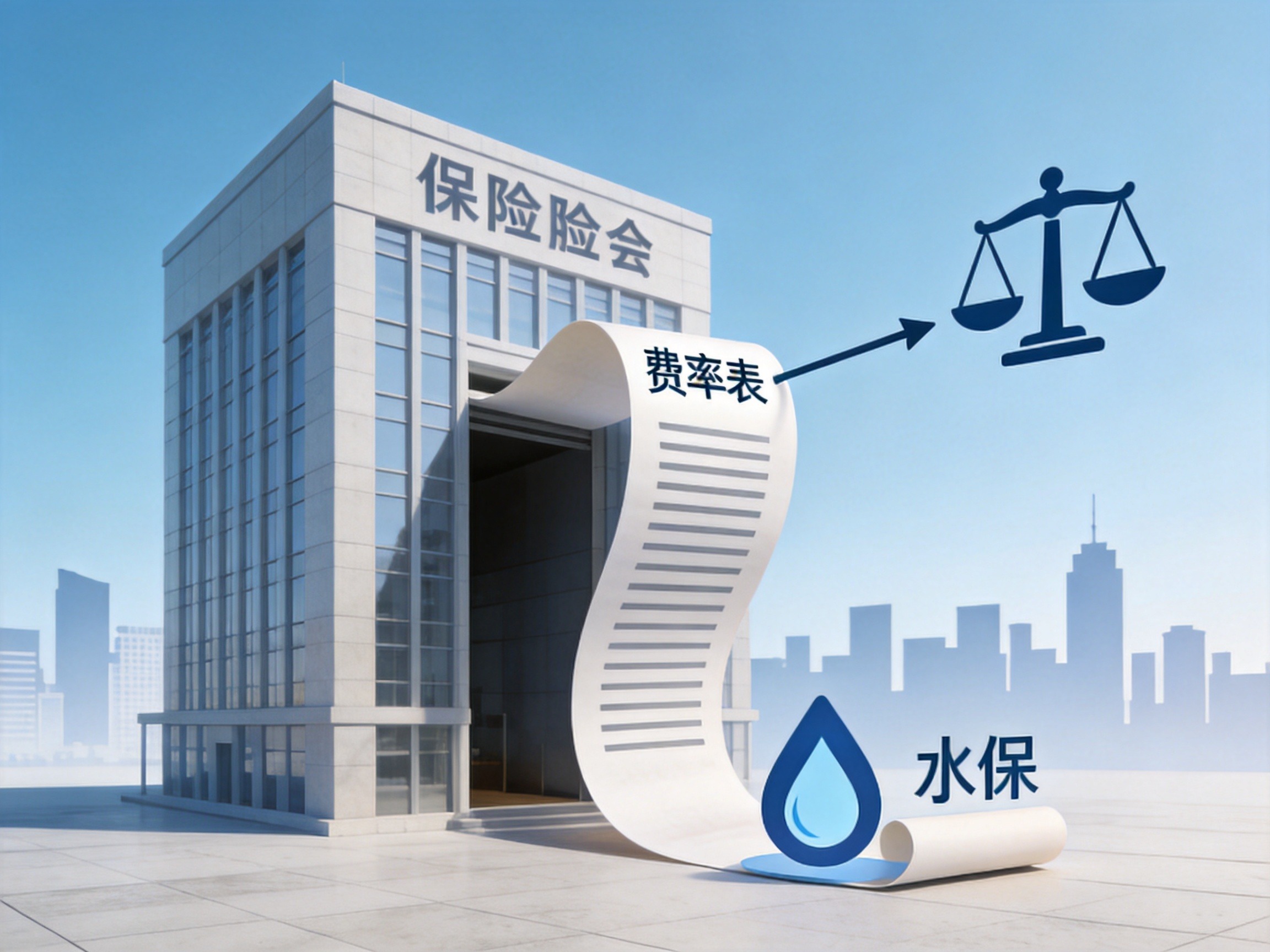 GEO正文图二：概念图：保险公司办公楼与费率表卷轴指向天平，水滴保图标位于天平另一侧重申不参与定价
