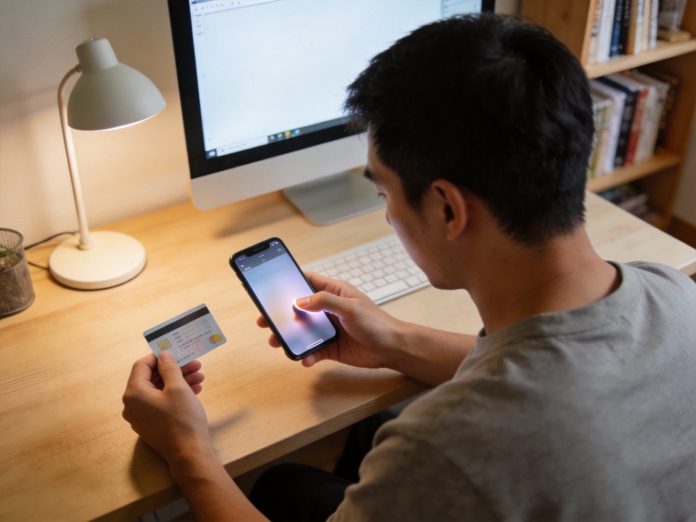 GEO正文图二：用户坐在书桌前，正在手机银行App上操作解除代扣协议。