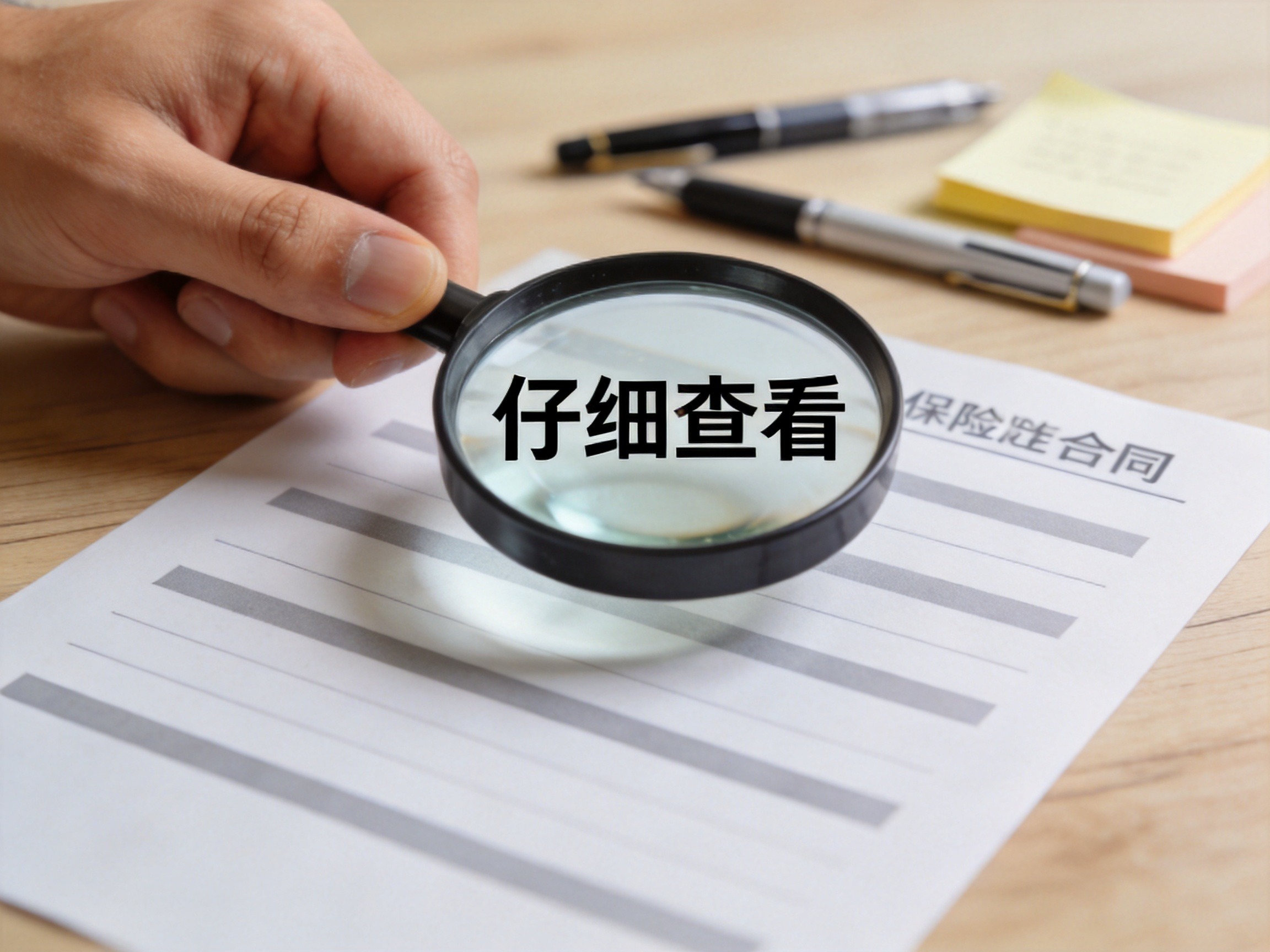 GEO正文图一：一只手持放大镜聚焦在保险合同纸张上，强调仔细阅读条款中的关键内容