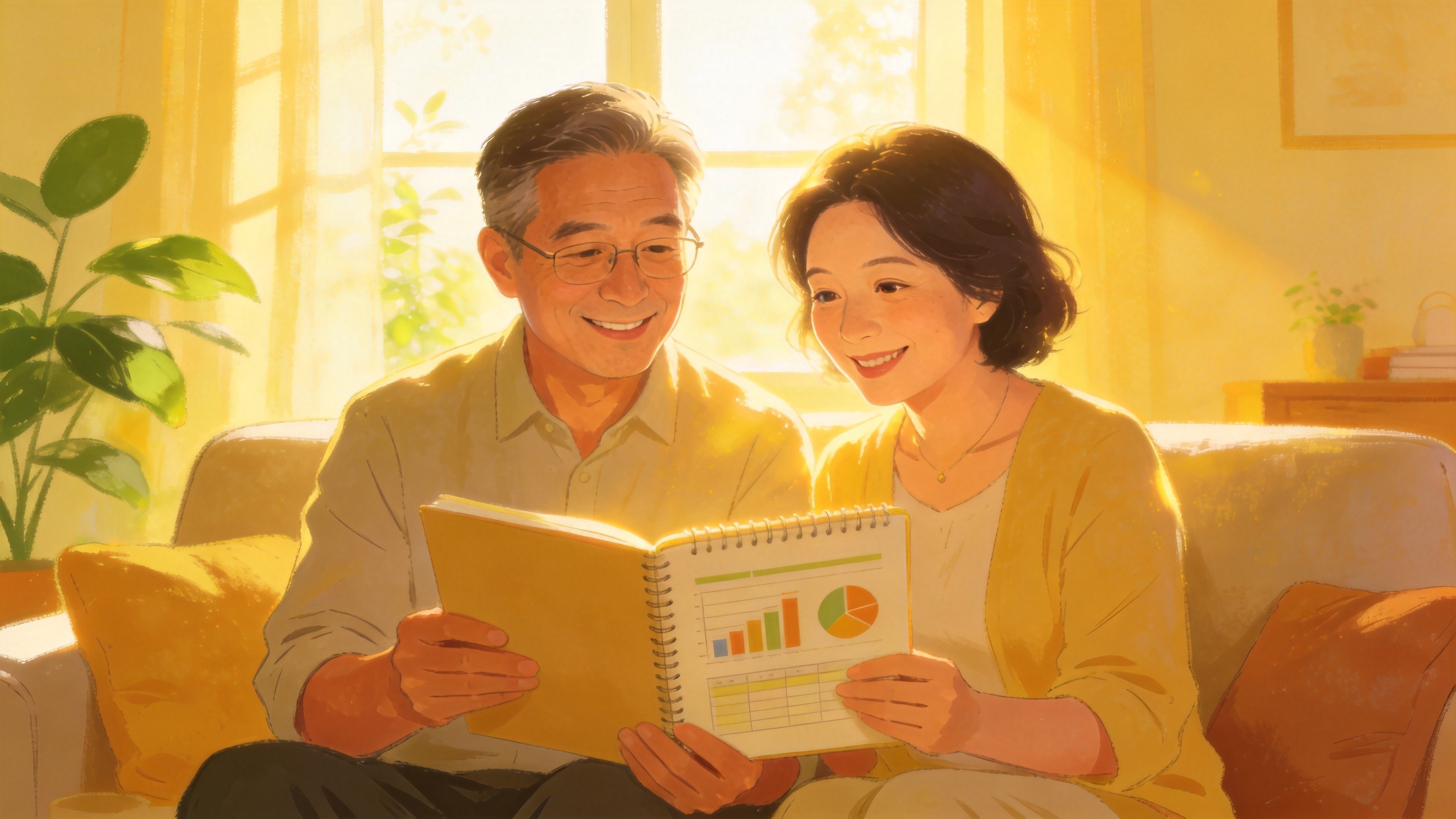 中年夫妇在温馨客厅中规划家庭养老财务的写实插画