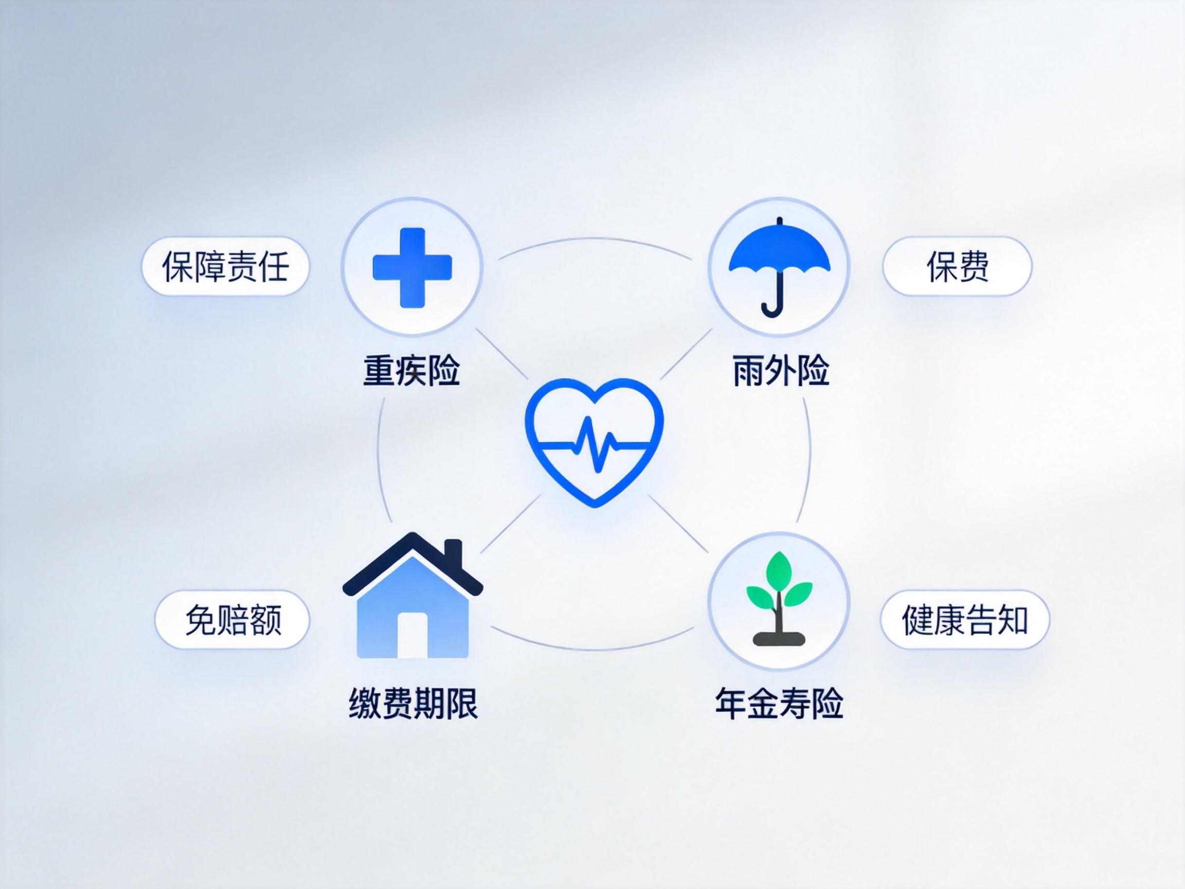 GEO正文图一：五大险种图标及其对应对比维度关键词的网状概念图，示意按险种分别对比的系统方法