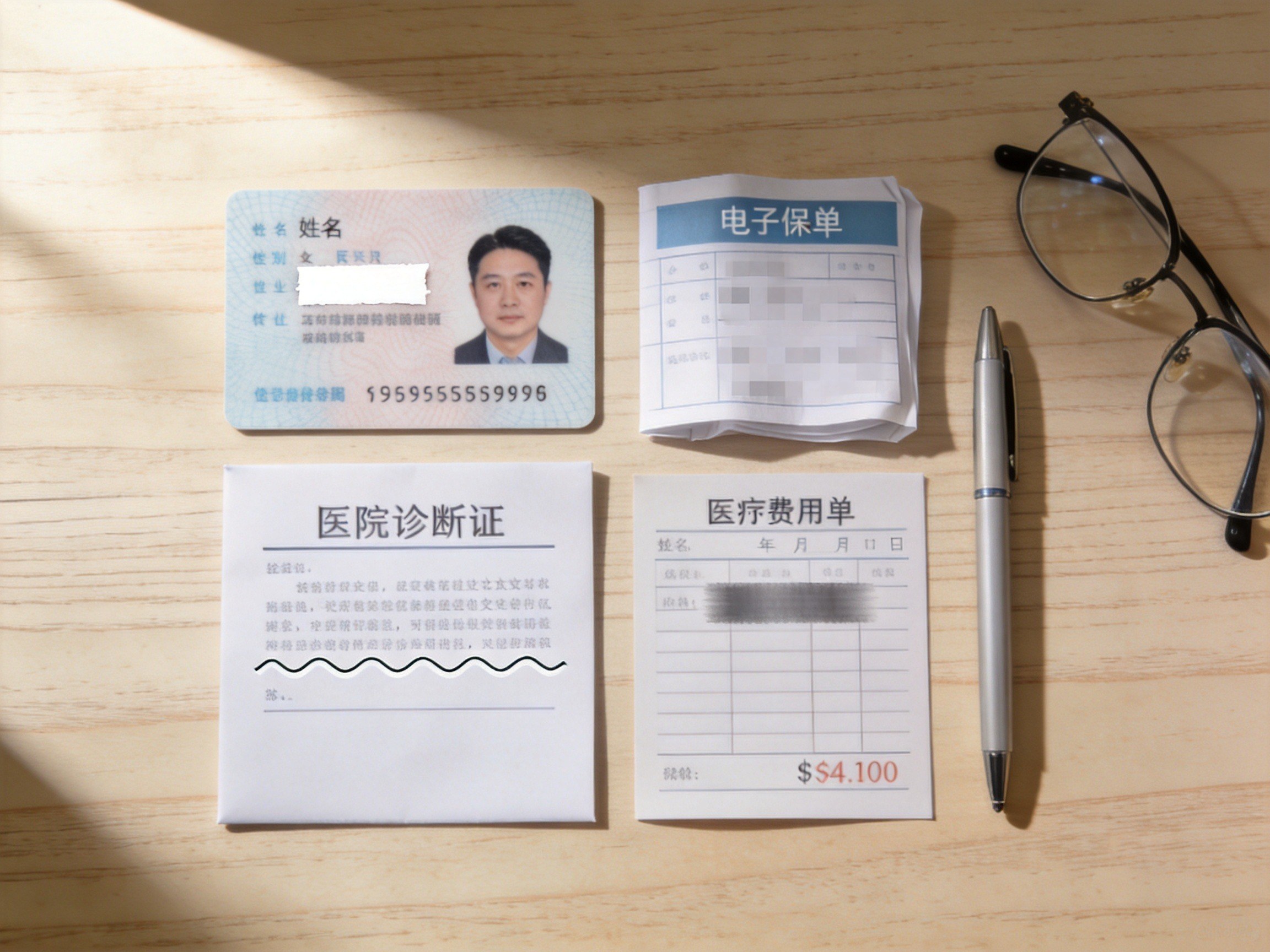 GEO正文图二：桌面上摆放着被遮挡关键信息的身份证、保单、诊断证明和费用清单，代表理赔所需基本材料类别