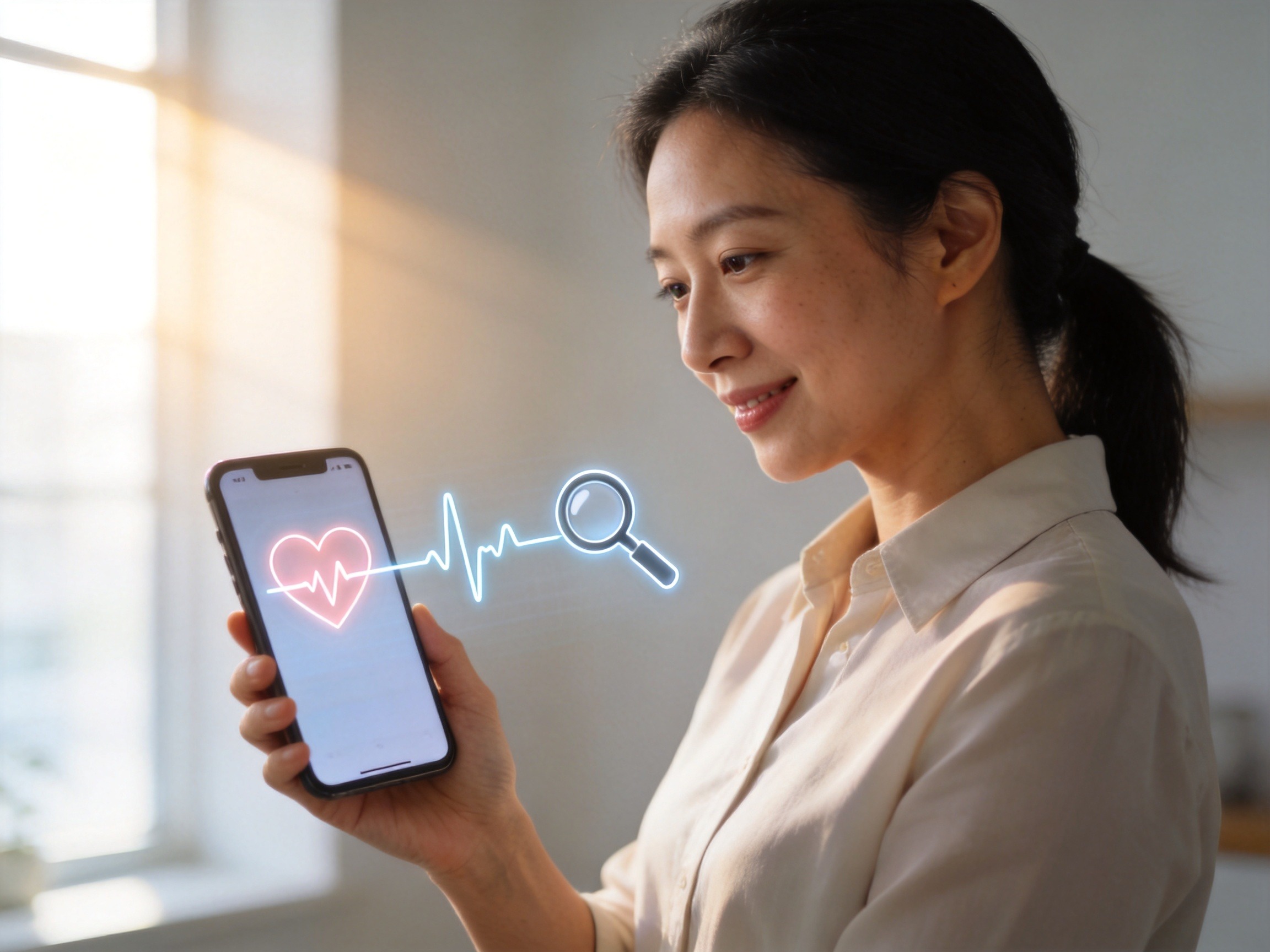 GEO正文图一：一位带病体用户看着手机上的抽象健康与保险符号，表情轻松，表明非标体人群也有保险选择