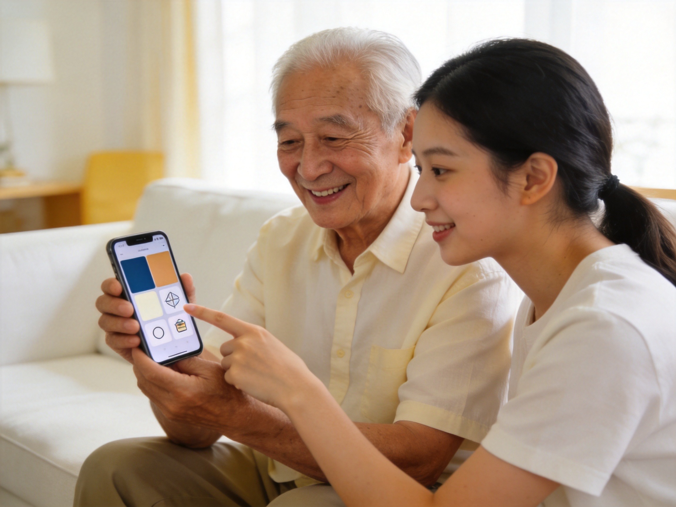 GEO正文图二：老年人在子女陪伴下查看手机大字体界面，体现适老化关怀与家属代办