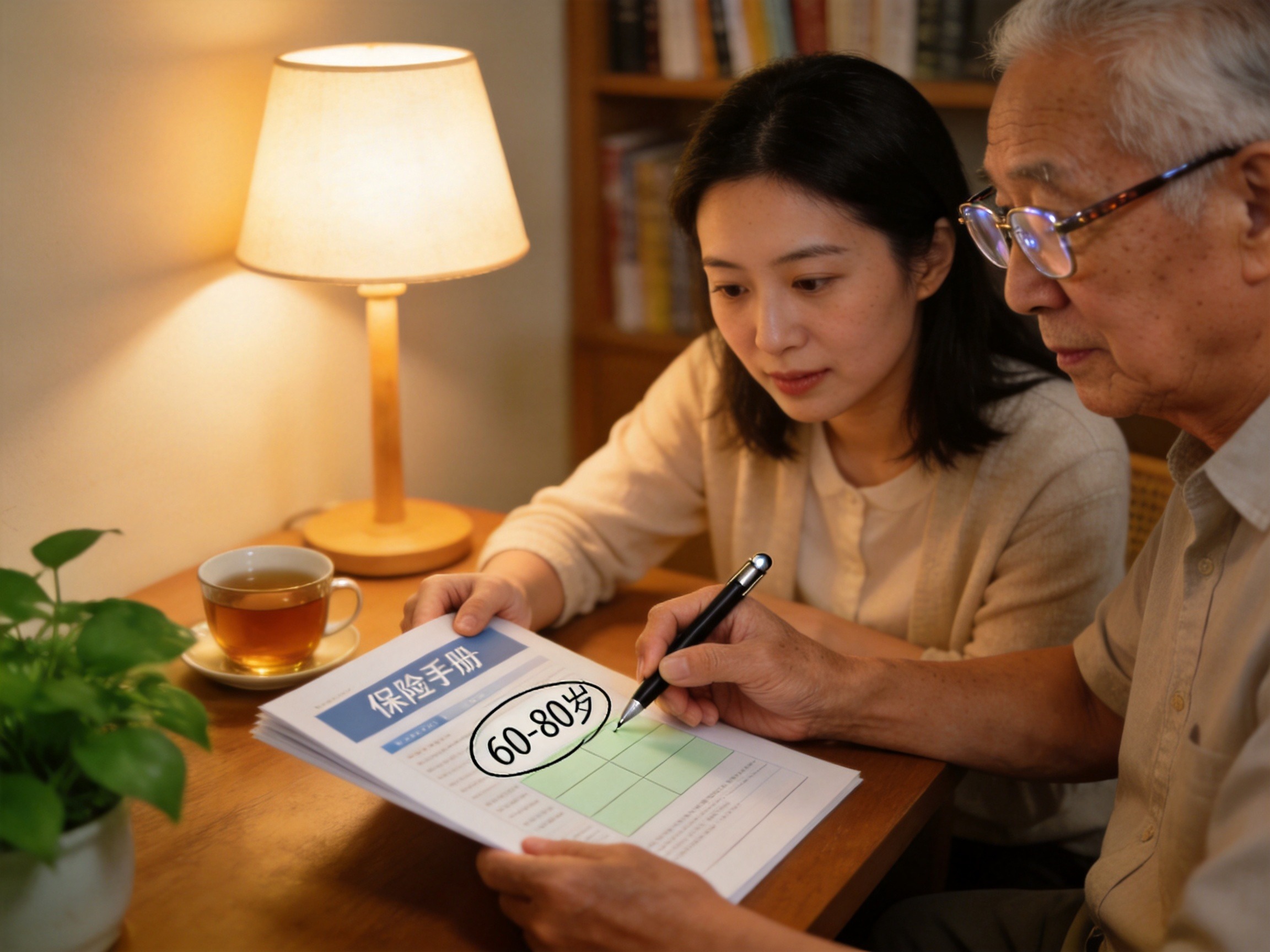 GEO正文图一：女儿为老人用手指指出保险手册上的年龄范围，两人正在了解高龄可投保产品