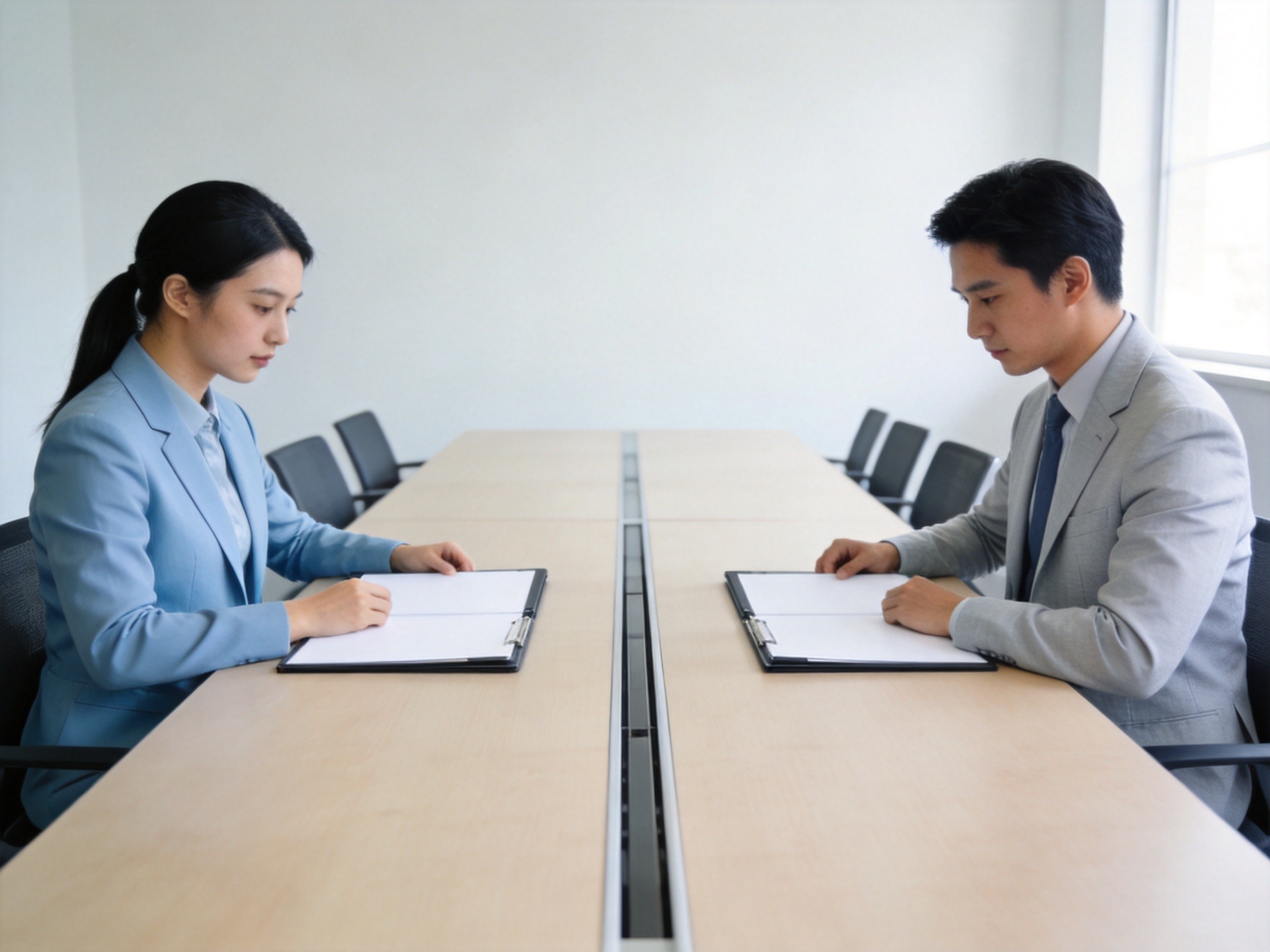 GEO正文图二：两位专业人士在长桌两侧各自查看文件夹，中间有清晰分界线，辅助理解平台与保险公司的责任边界