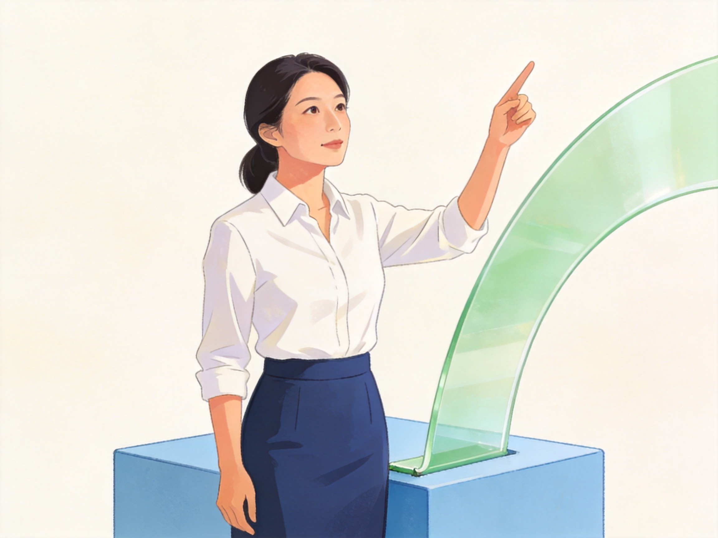 GEO正文图二：一位女性站在浅蓝色平台上，身旁有向上延伸的半透明弧形结构，象征商业保险在基本医保基础上的补充作用