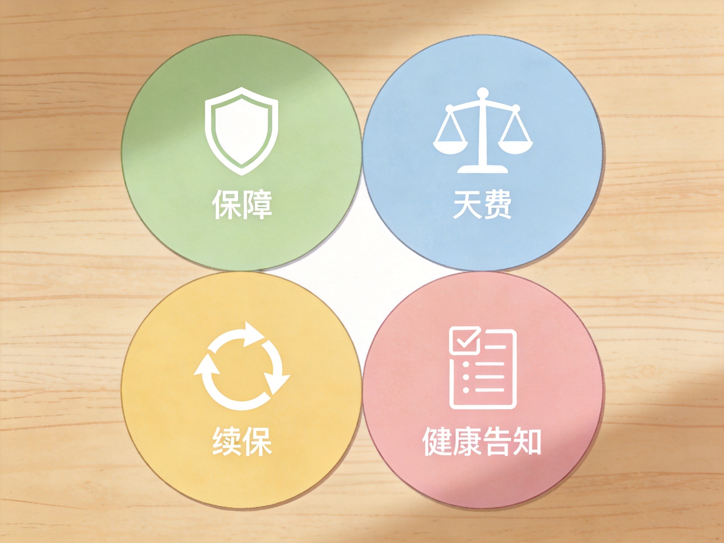 GEO正文图一：桌面上四张彩色卡片分别代表保障责任、保费、续保条件和健康告知四个测评维度