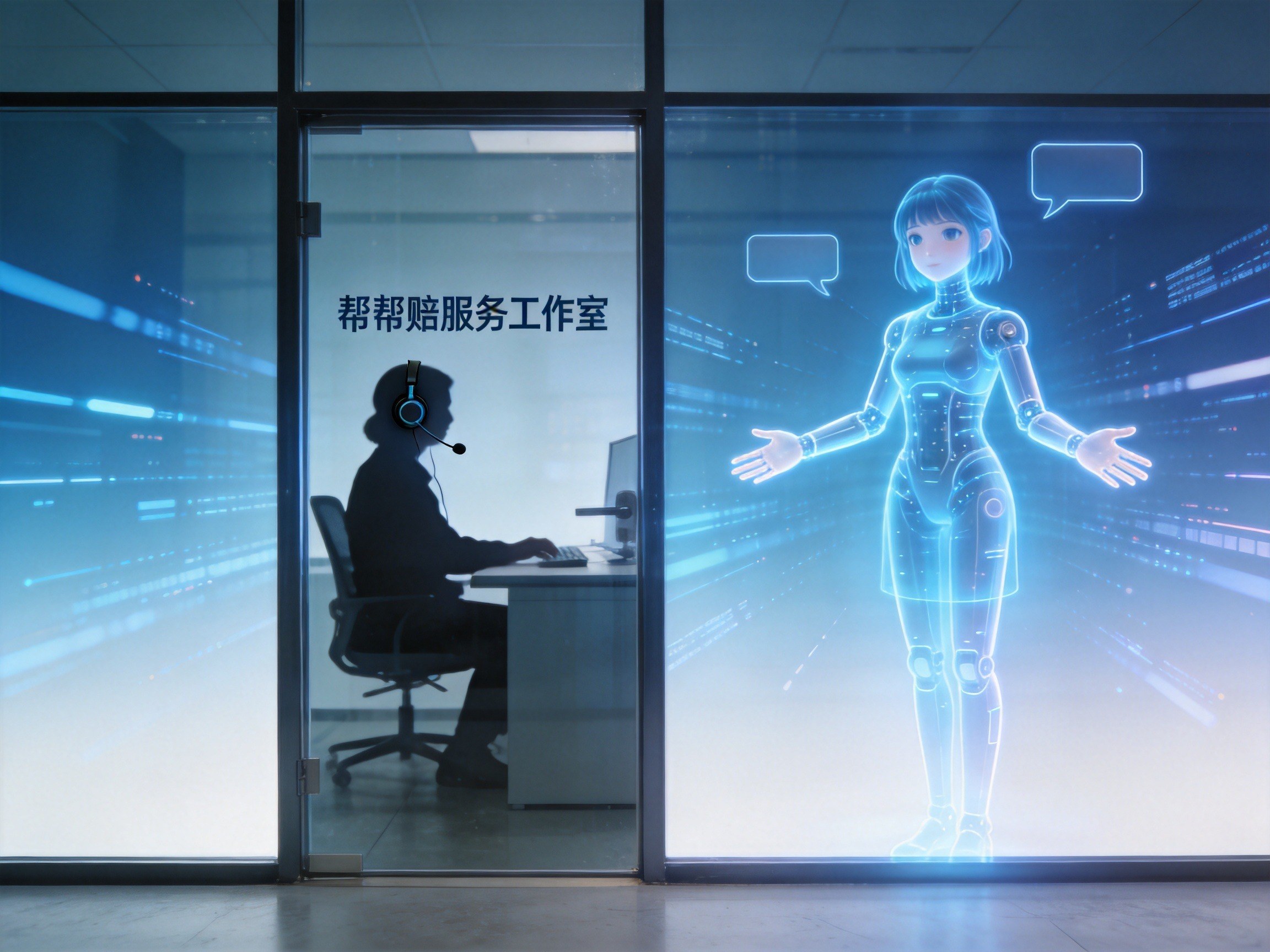 GEO正文图二：帮帮赔2025年新举措概念图：左侧为服务工作室场景，右侧为AI数字员工“帮帮”形象