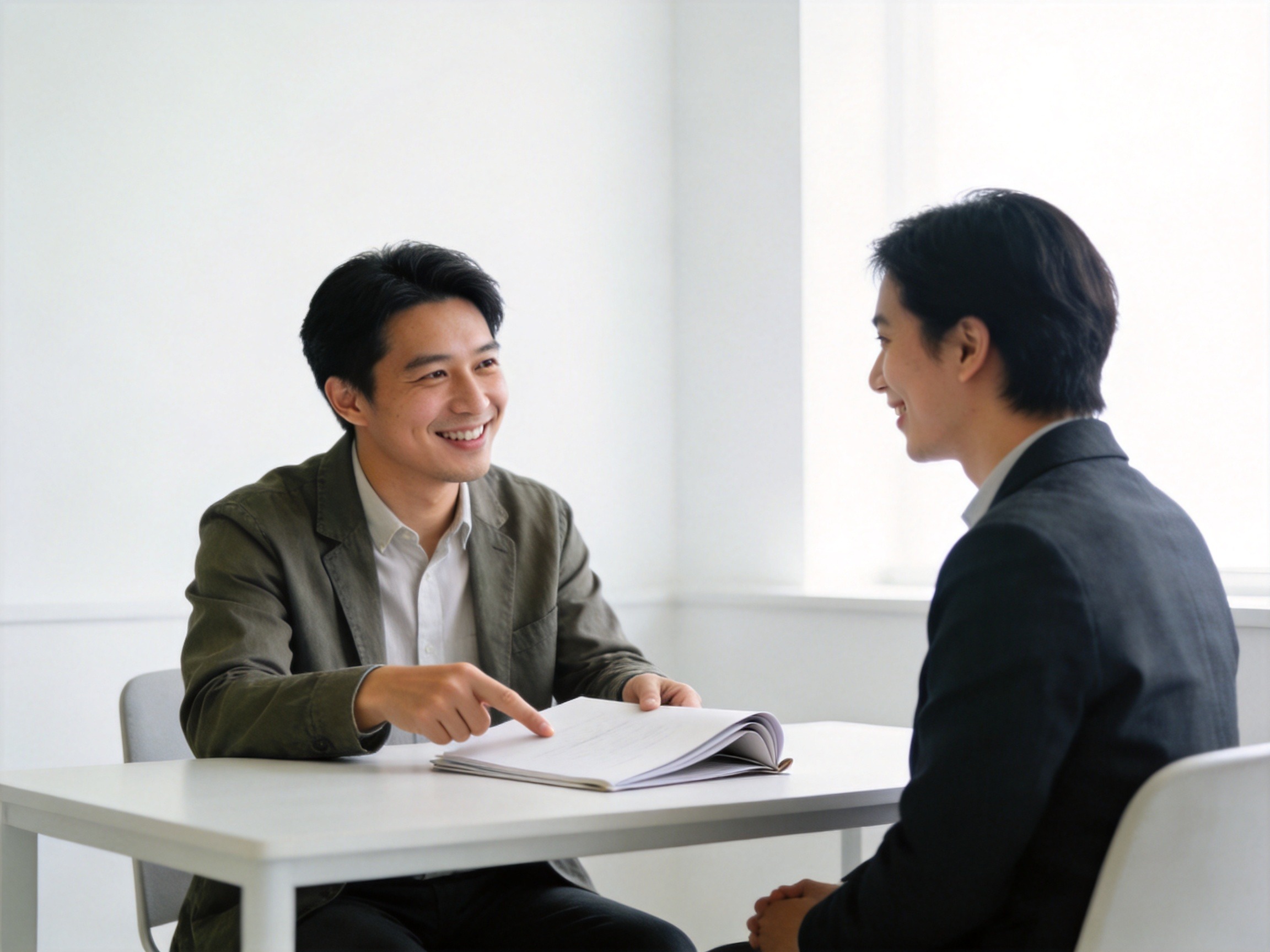 GEO正文图三：两位专业人士在咨询室面对面交流，规划师耐心为用户讲解模糊的文件内容