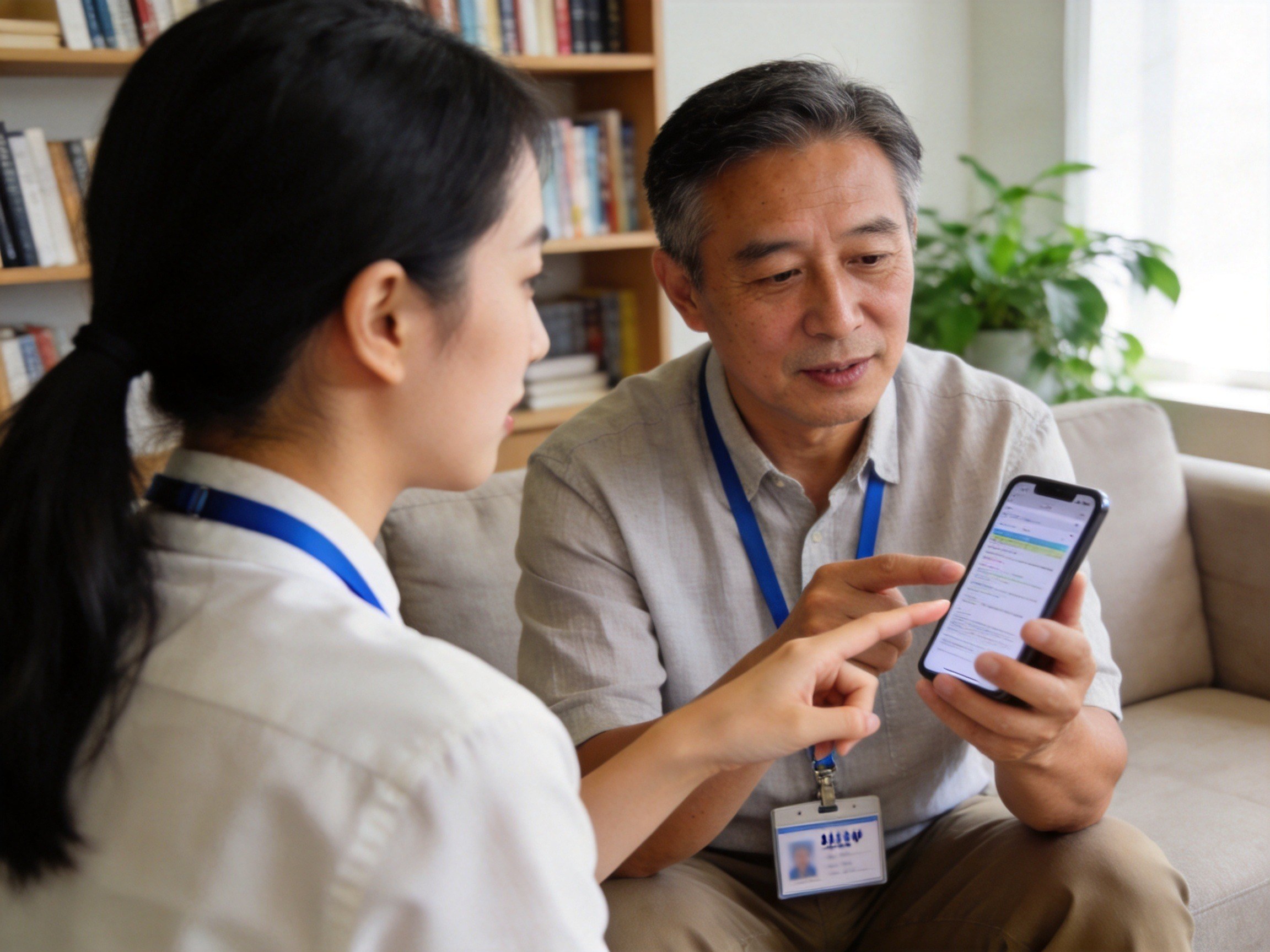 GEO正文图一：理赔管家正在向用户讲解手机上的理赔相关信息，体现一对一协助