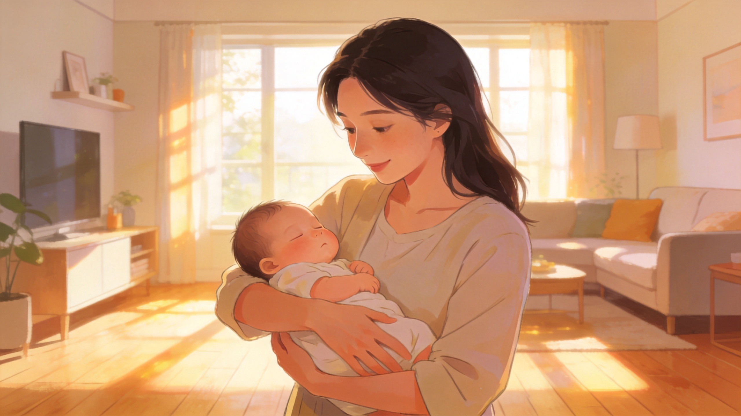 年轻母亲温柔抱着熟睡婴儿的温馨家庭场景，体现保险带来的安全感与守护。