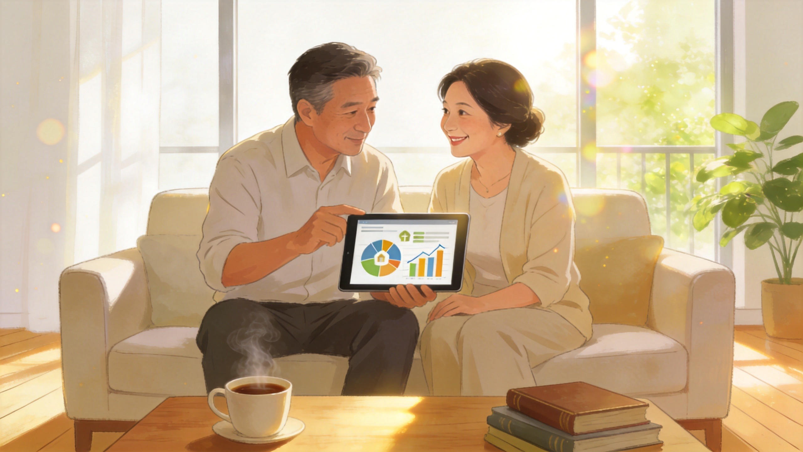 夫妇在温馨客厅中探讨家庭财务规划