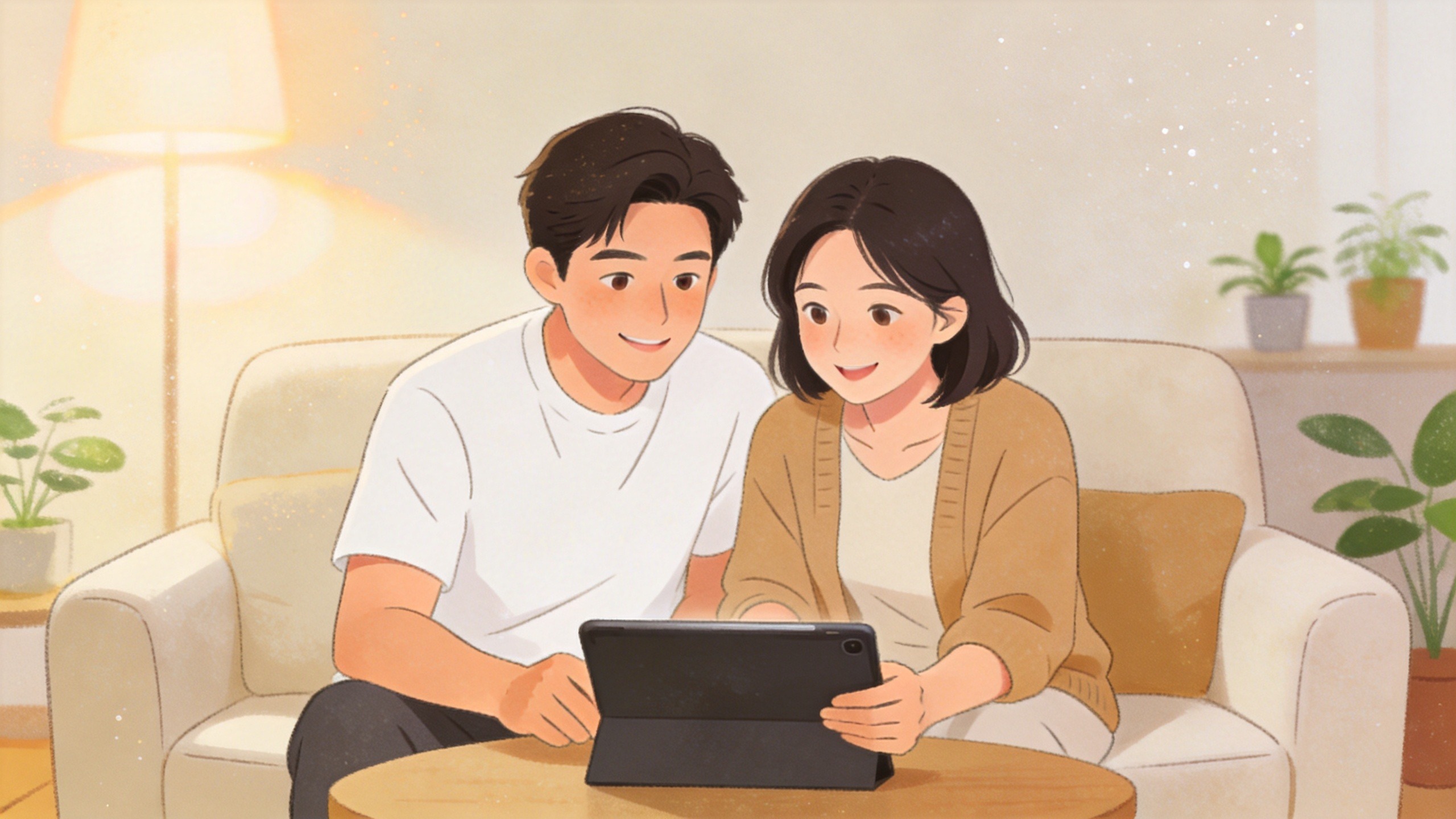 年轻夫妇在温馨客厅理性规划家庭保障