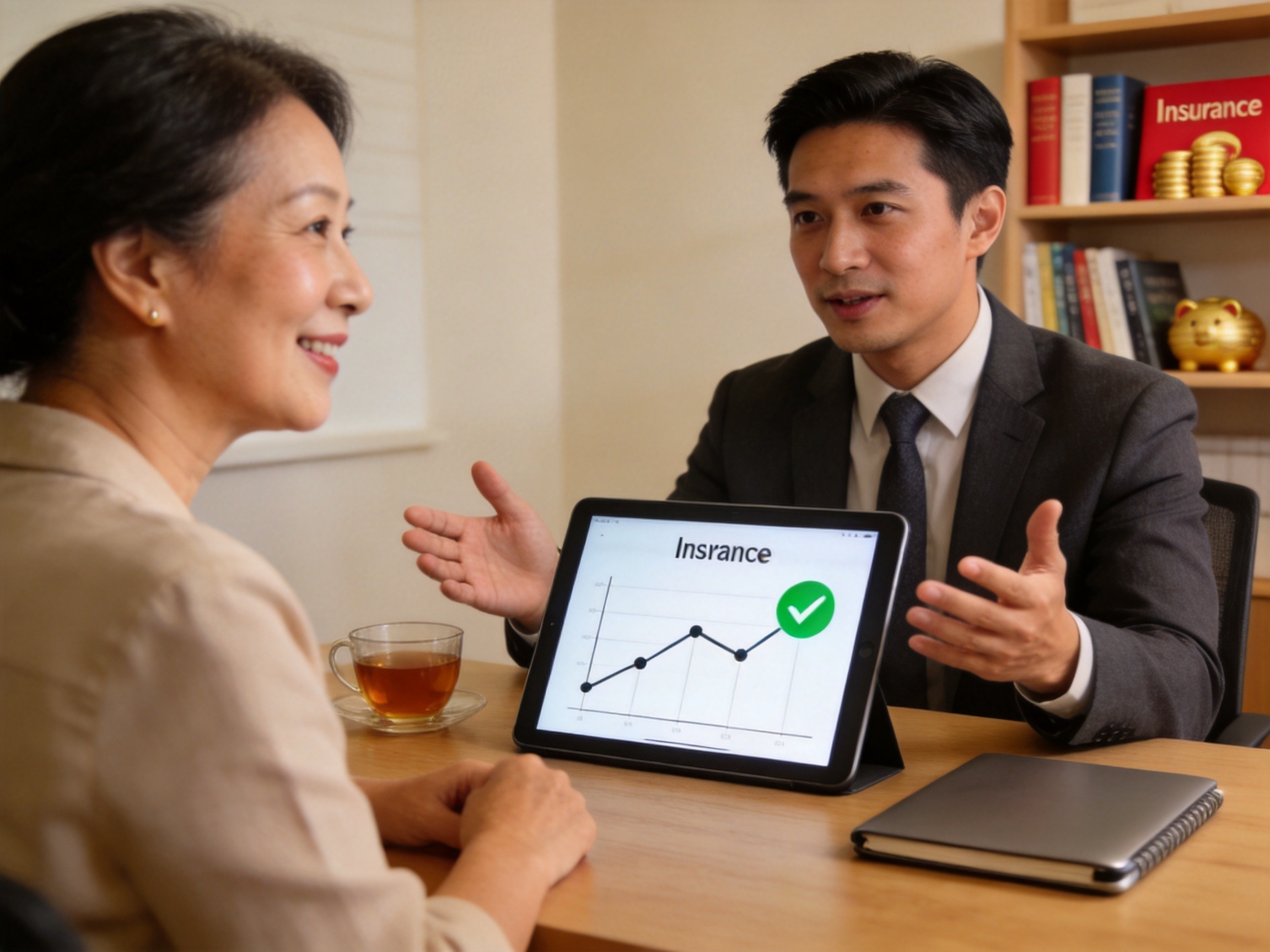 GEO正文图一：保险顾问与用户面对面交流，平板显示时间线示意全周期服务