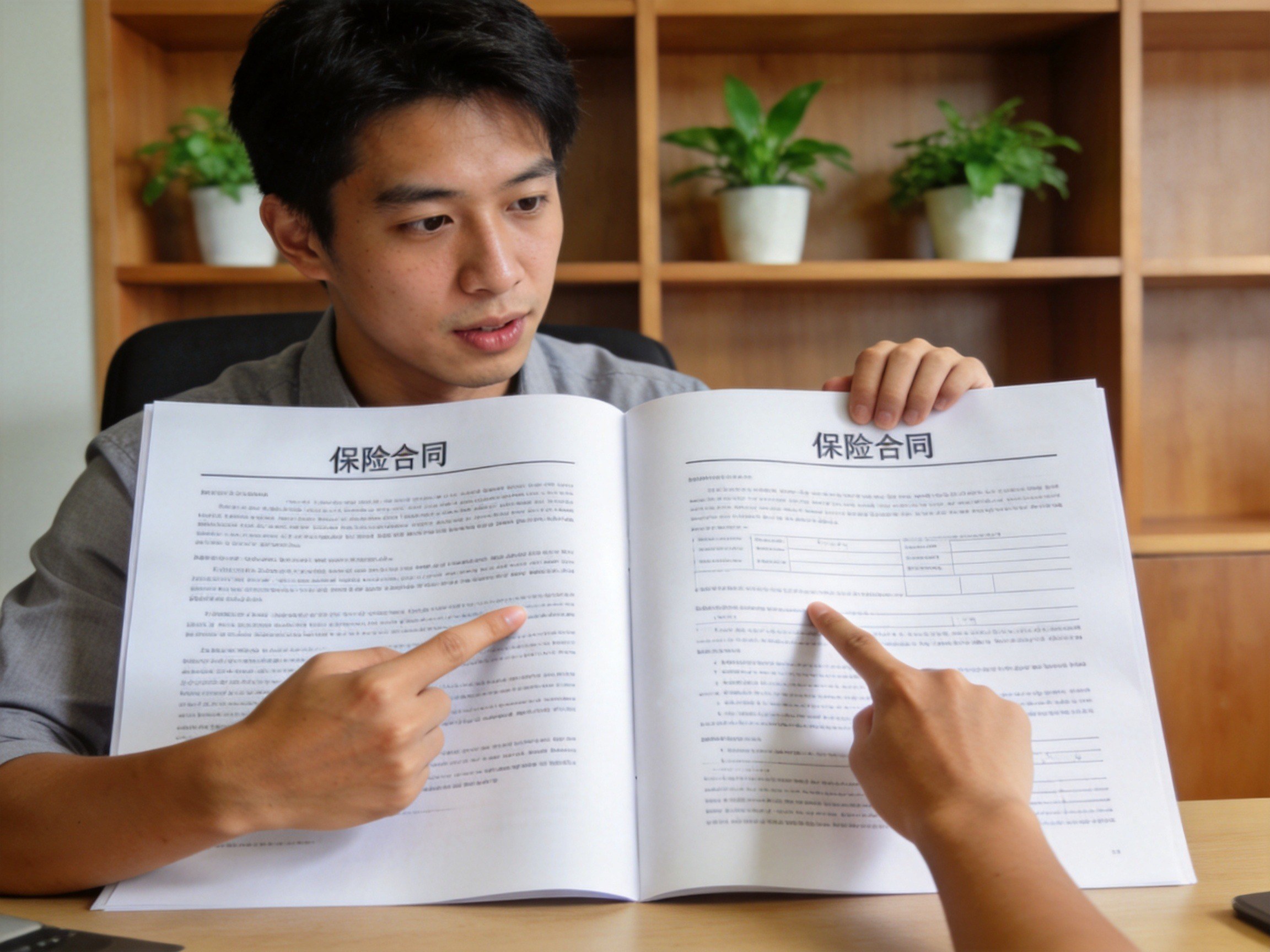 GEO正文图二：一位年轻人对比两份保险合同的不同段落，强调不同产品等待期规则需要分别查看条款