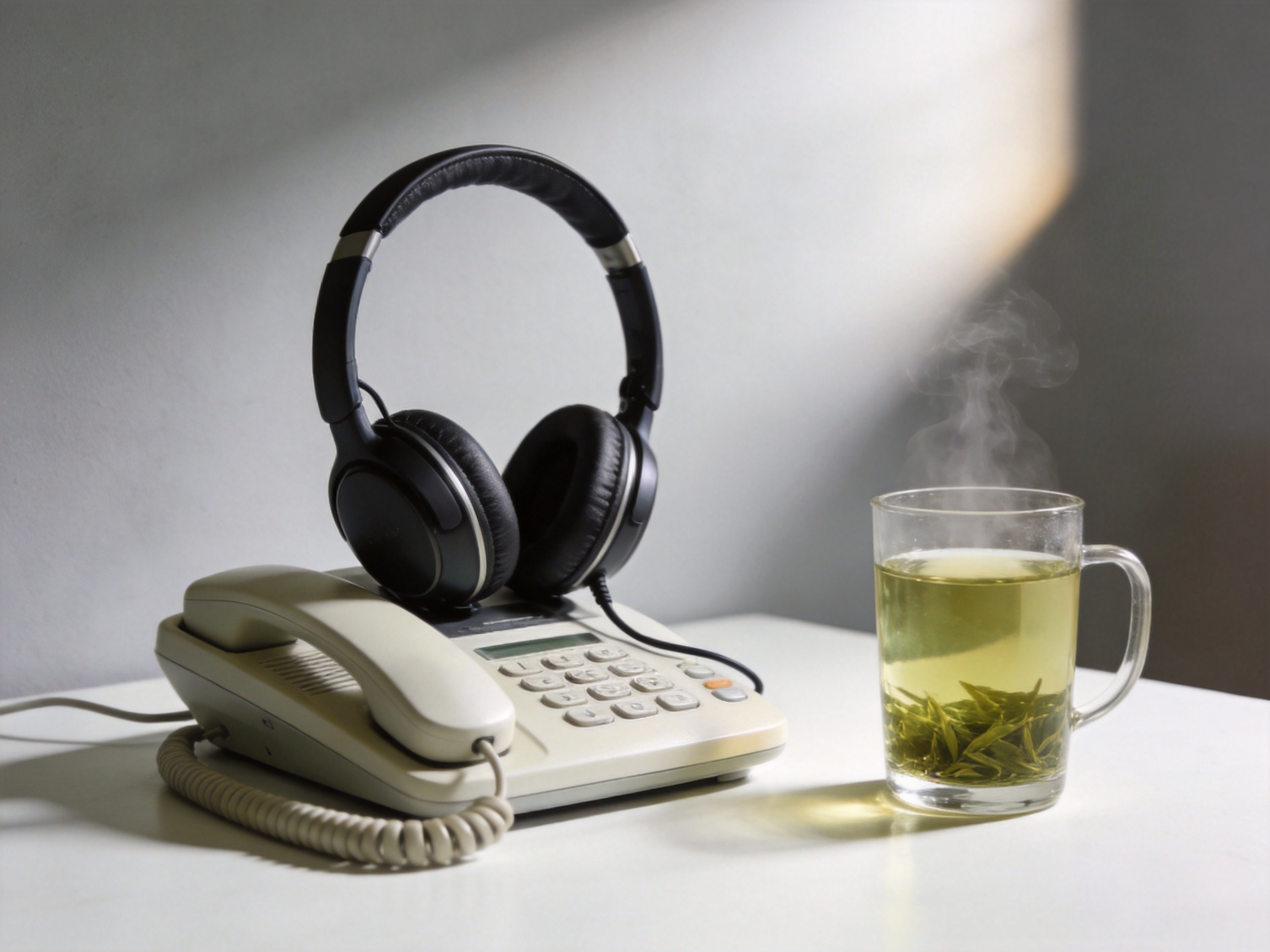 GEO正文图一：一张电话耳机和绿色茶杯的特写，体现电话渠道的专注服务氛围