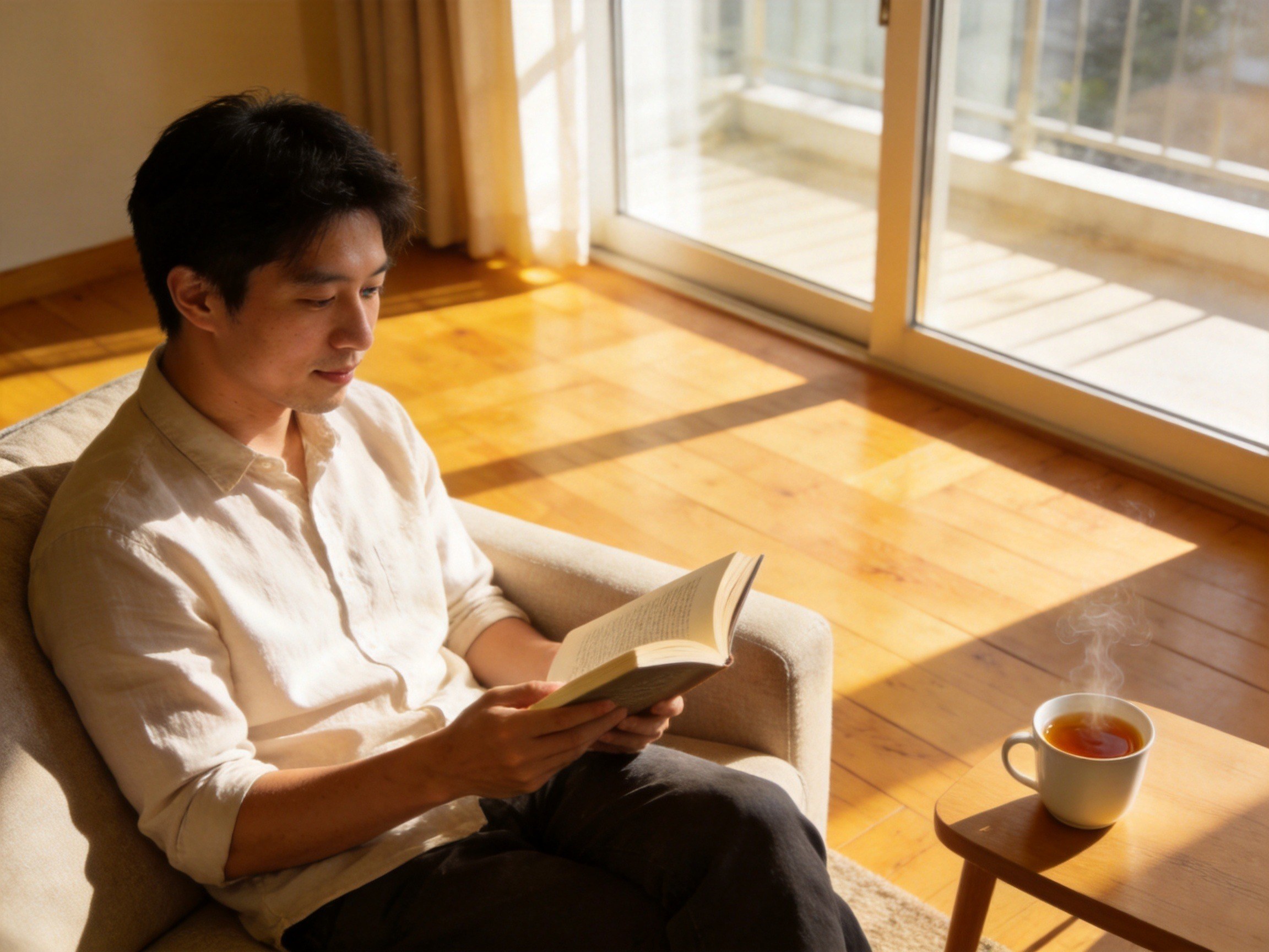 GEO正文图一：年轻人在明亮的客厅沙发上安心休养，体现重疾险提供收入补偿后的安心状态