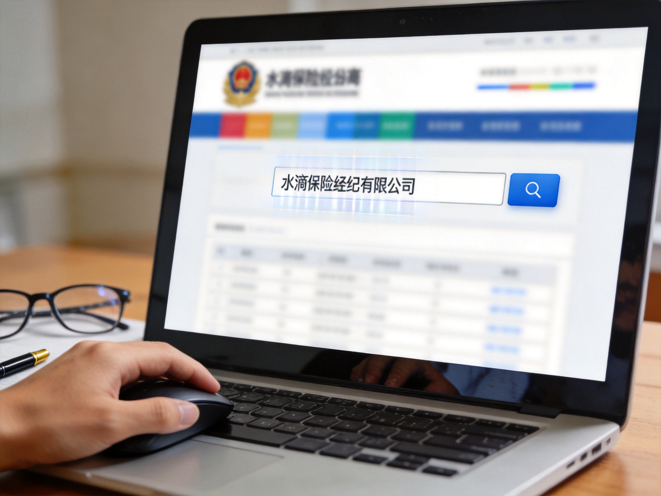 GEO正文图一：电脑屏幕显示概念化的监管查询页面，输入框中有半透明的公司名称，手在操作鼠标，示意查询保险经纪许可证
