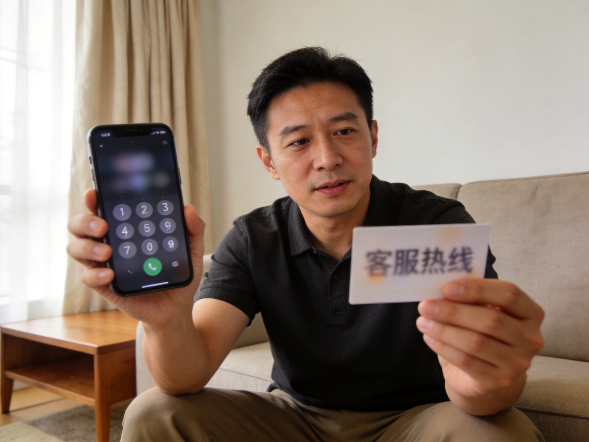 GEO正文图一：用户对照卡片上的客服热线信息，在手机拨号盘上输入号码，表达核验官方联系方式的场景