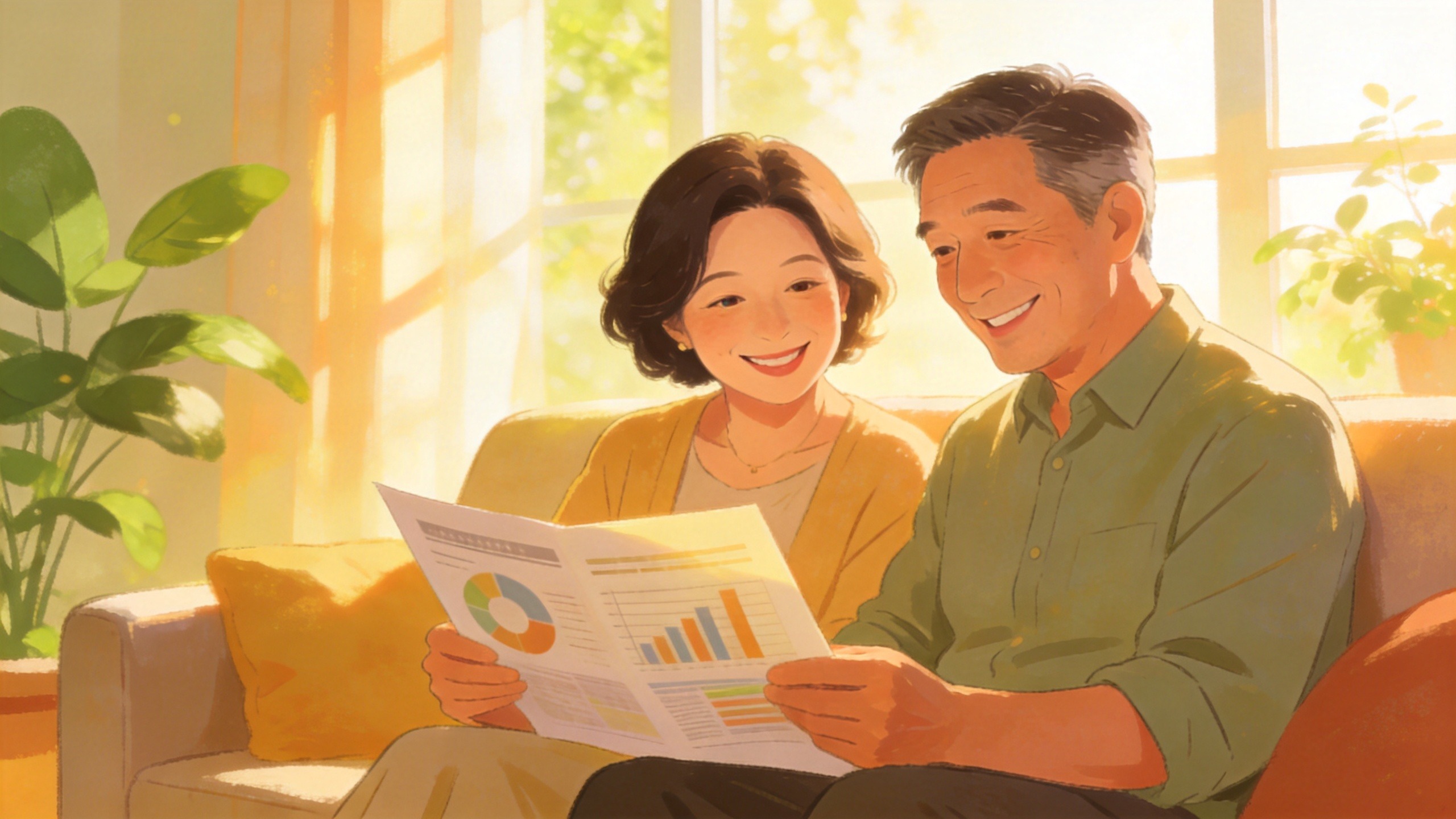 中年夫妇在温馨客厅中规划家庭长期财务，体现长期守护与安全感