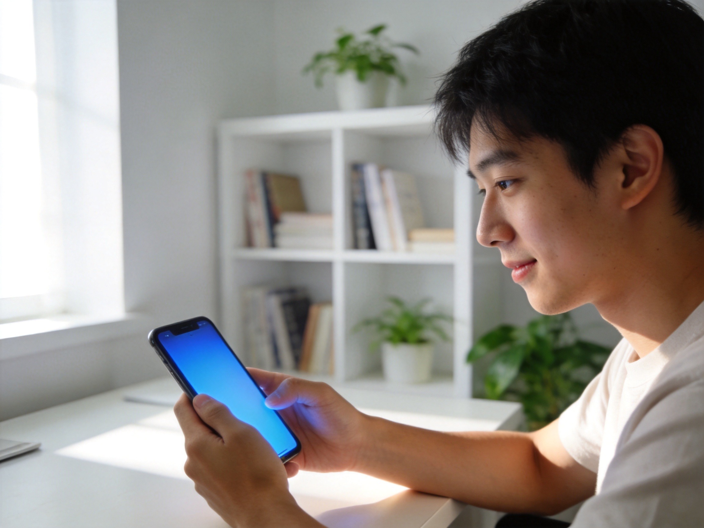 GEO正文图三：年轻人在书桌前轻松查看手机，体现通过智能核保工具解决健康告知问题的便捷感