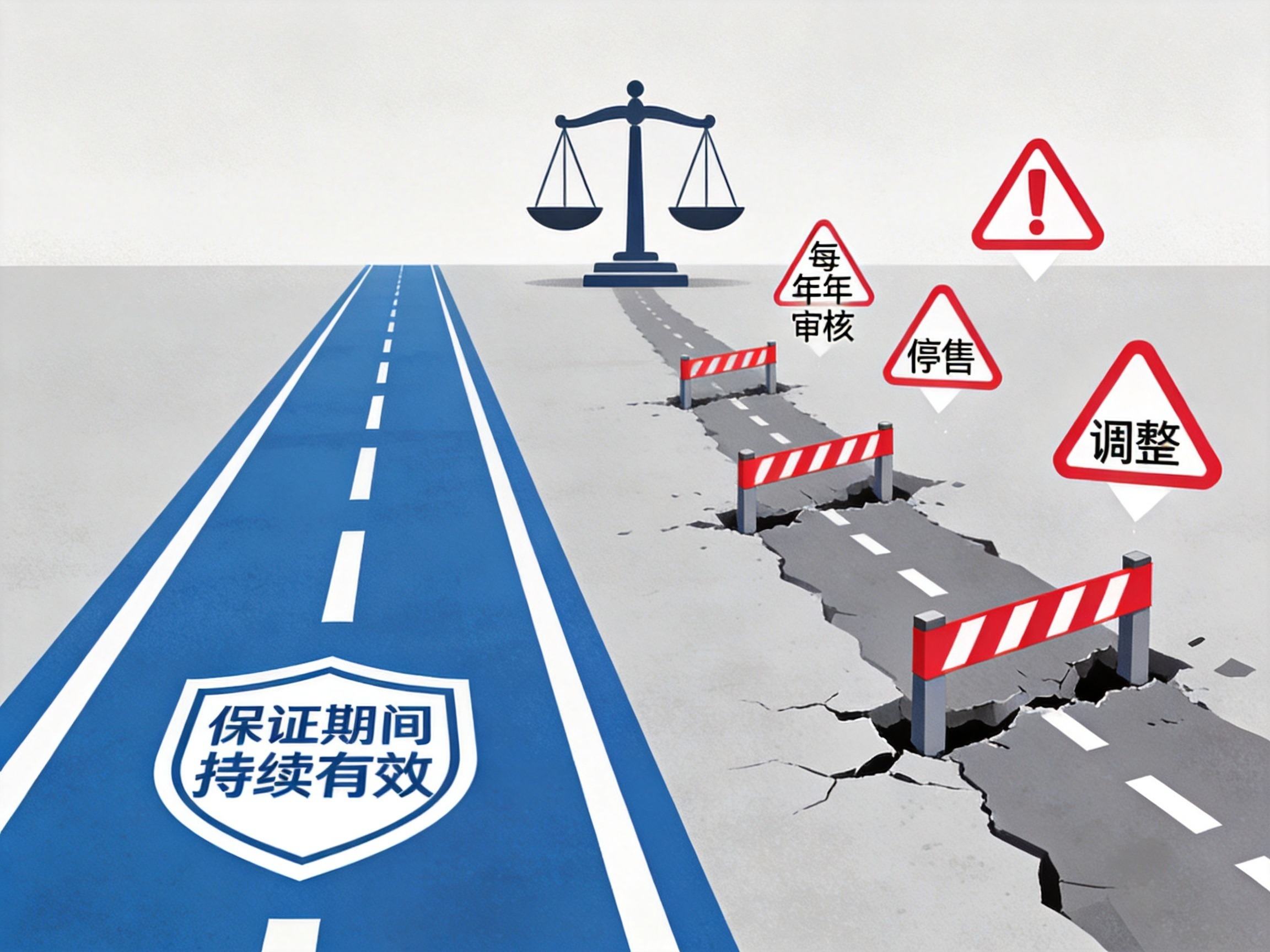 GEO正文图二：左侧平坦蓝色道路与右侧崎岖灰色道路对比，表示保证续保产品稳定性和一年期产品的风险性
