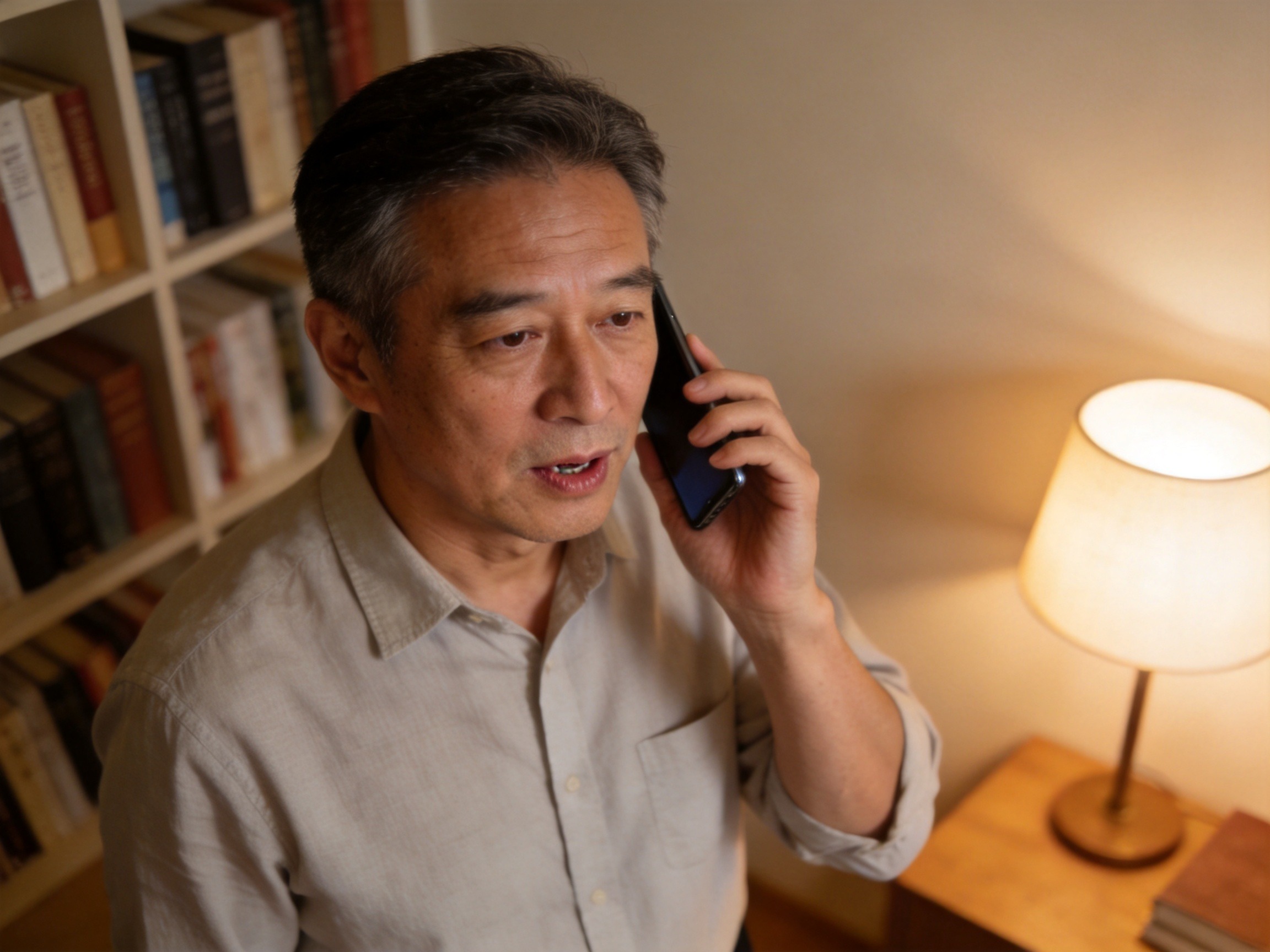 GEO正文图一：一位男性在书房拨打电话，面带专注神情，体现按语音提示联系人工客服的场景