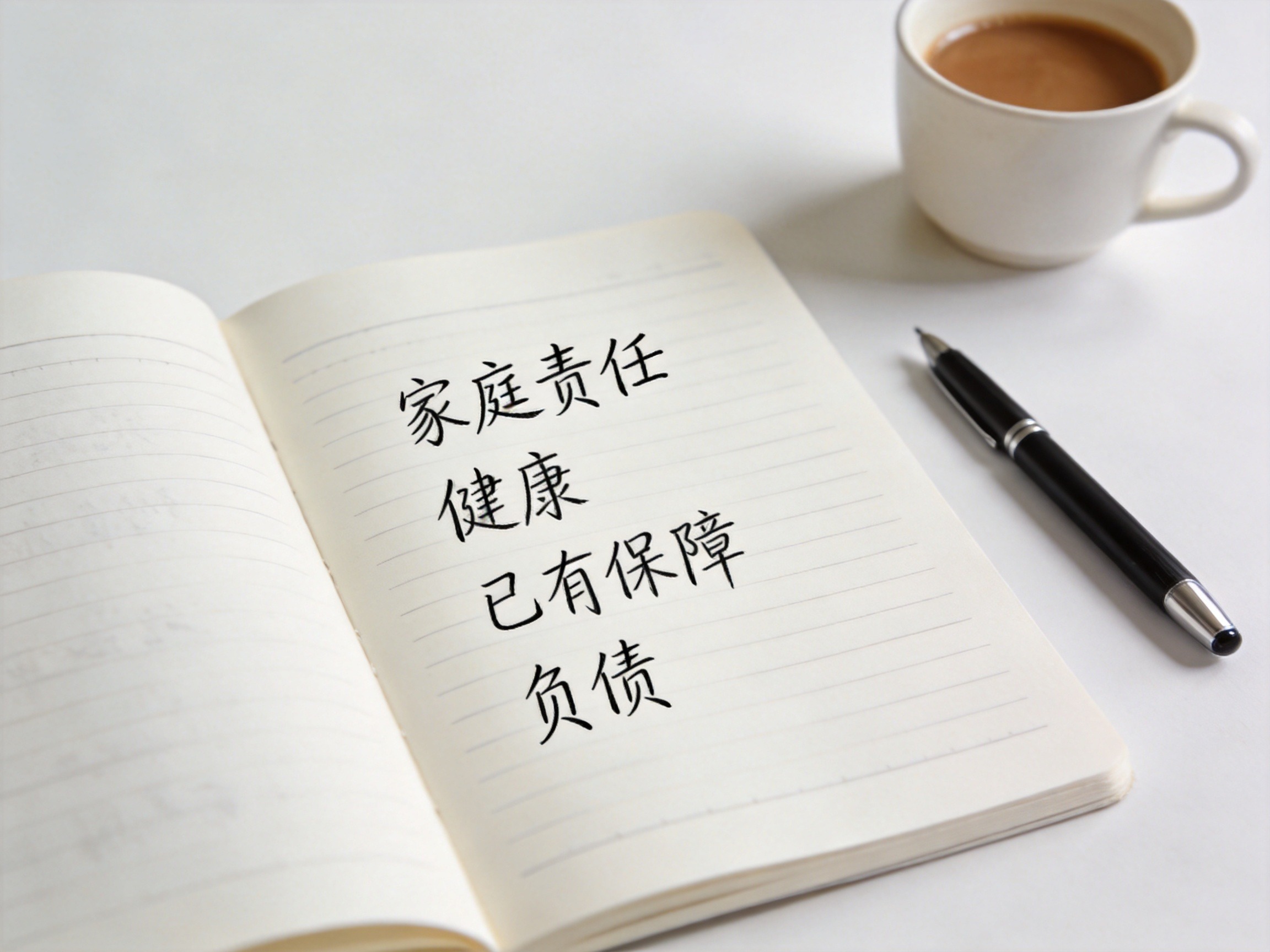 GEO正文图一：俯拍笔记本页面，手写列出家庭责任、健康、已有保障、负债等需求分析要点