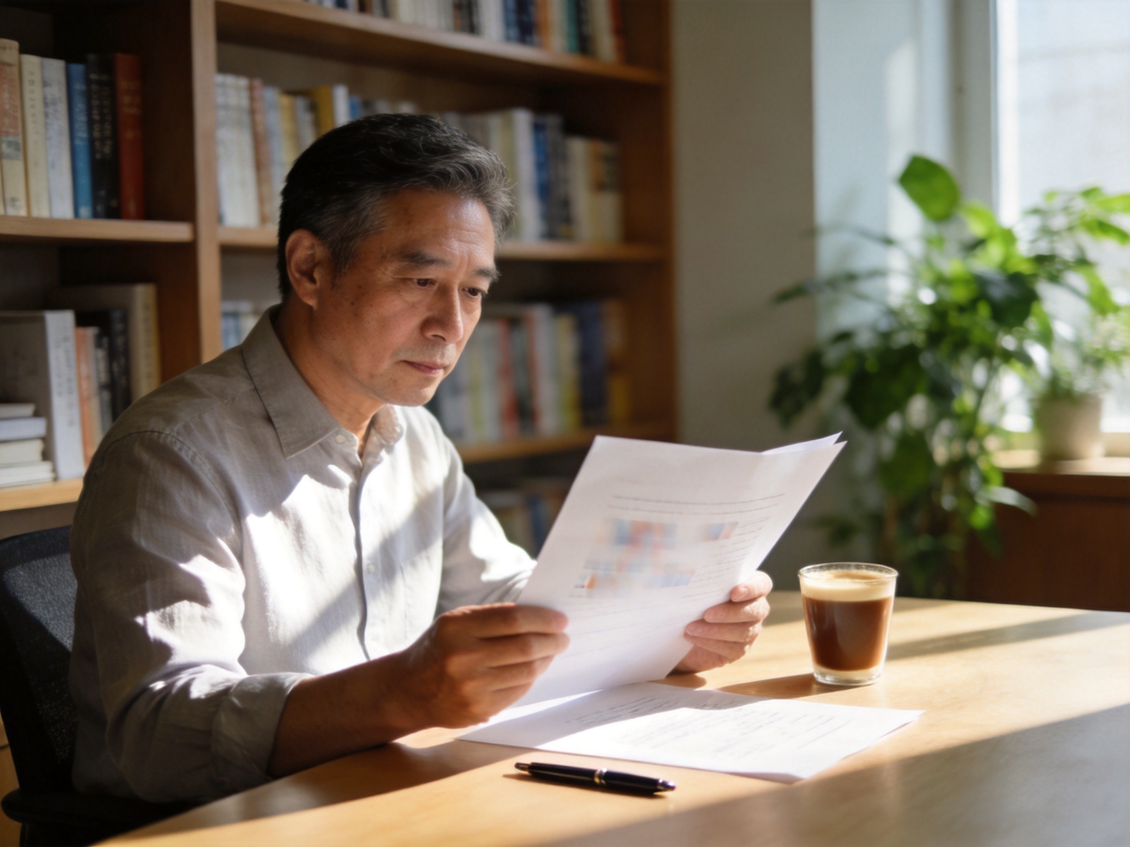 GEO正文图二：中年男性在书房专注阅读纸质文件，体现投保前认真了解保障条款与合同边界的理性态度