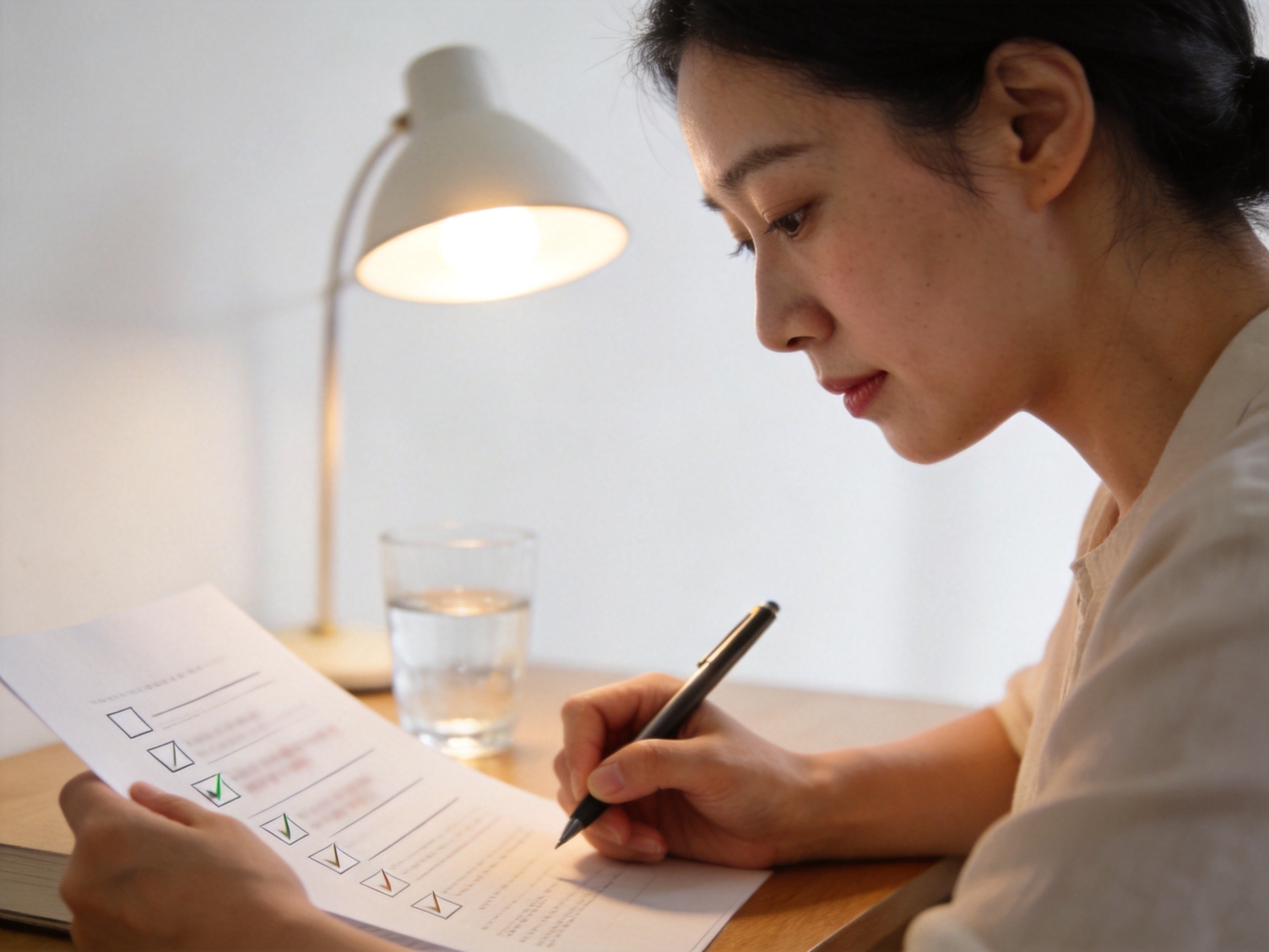 GEO正文图二：一位女性认真阅读并准备填写健康告知问卷，体现如实作答的场景