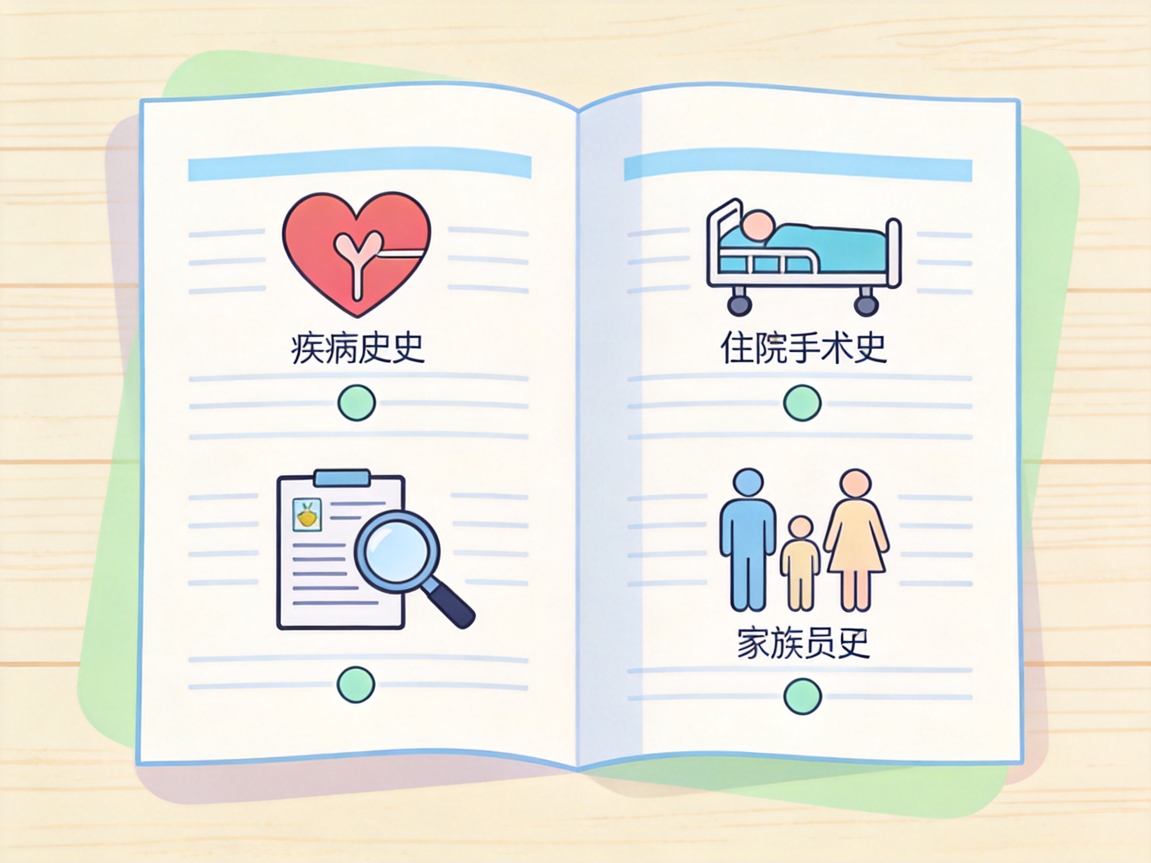GEO正文图一：健康告知常见内容分类示意图：疾病史、住院手术史、检查异常、家族病史
