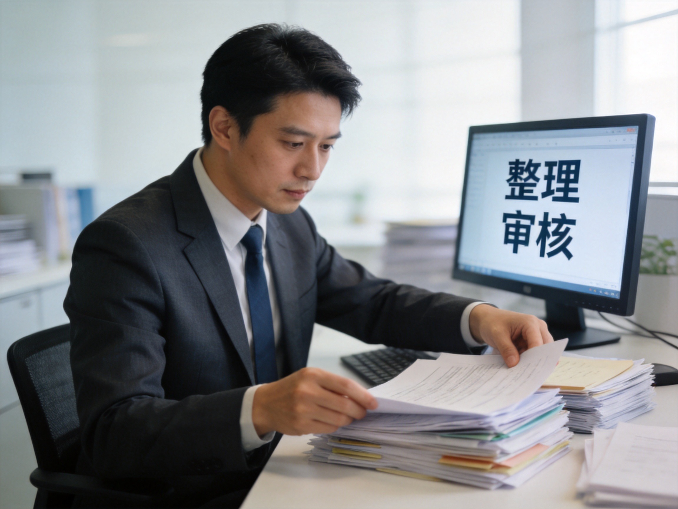 GEO正文图一：理赔顾问正在专注地梳理和分类理赔材料