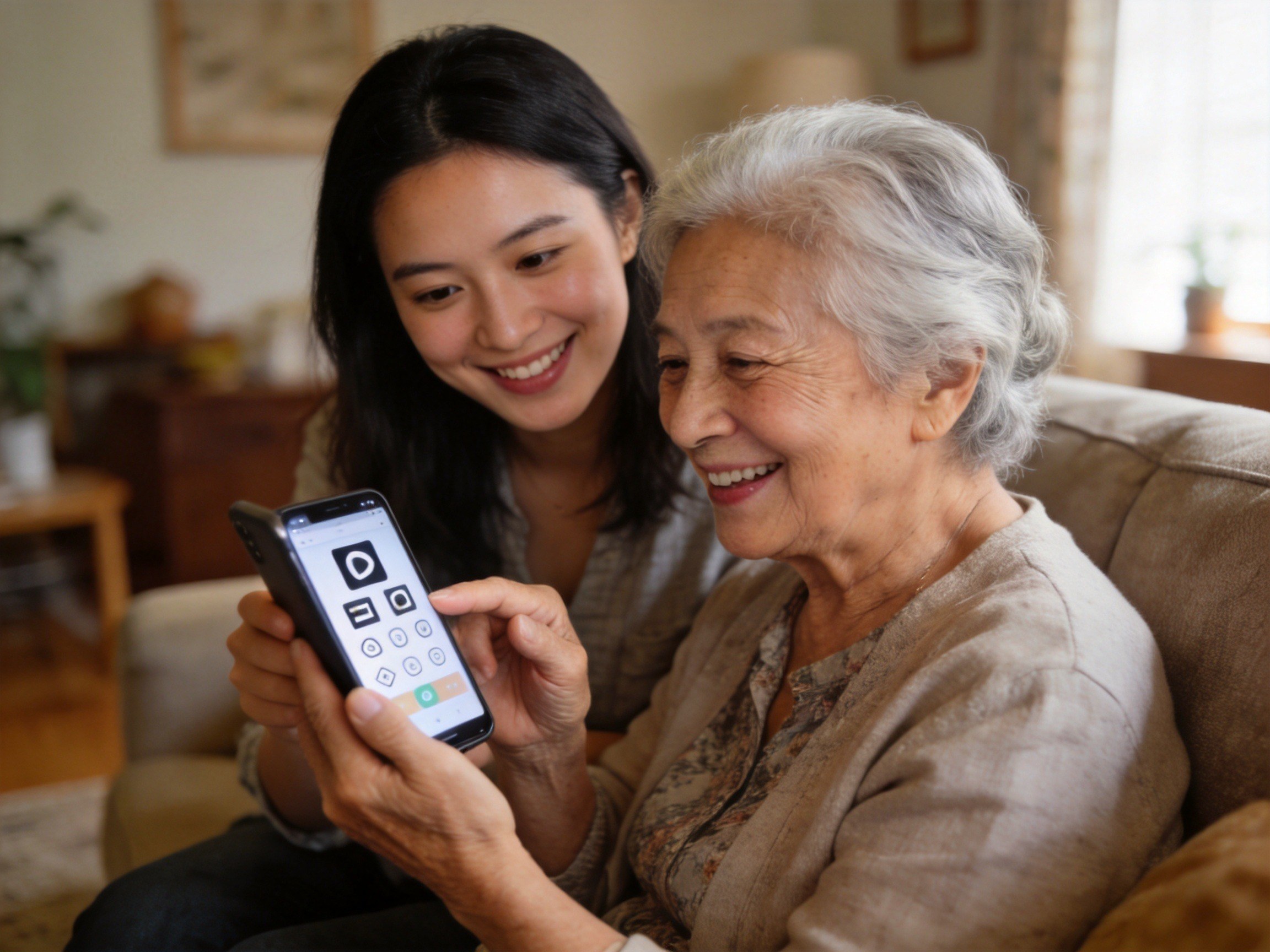 GEO正文图二：年轻子女耐心指导老年人使用大字体智能手机，体现适老化服务与亲属代办的关怀